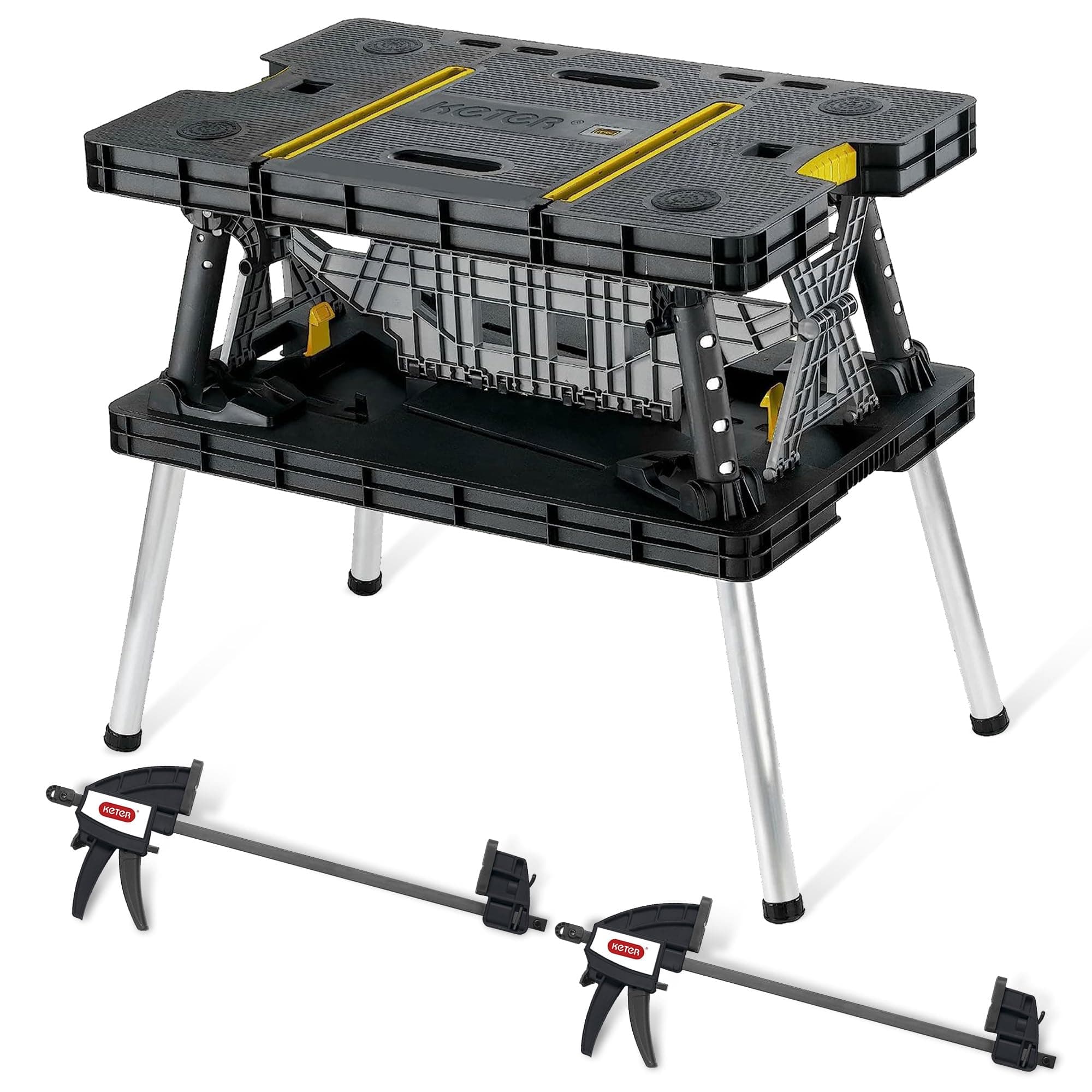 Keter Heavy-Duty Folding Workbench with 1,000 Pound Capacity - Foldable Work Table for Garage, Woodworking, and Outdoor Workshop with 12 Inch Adjustable Clamps