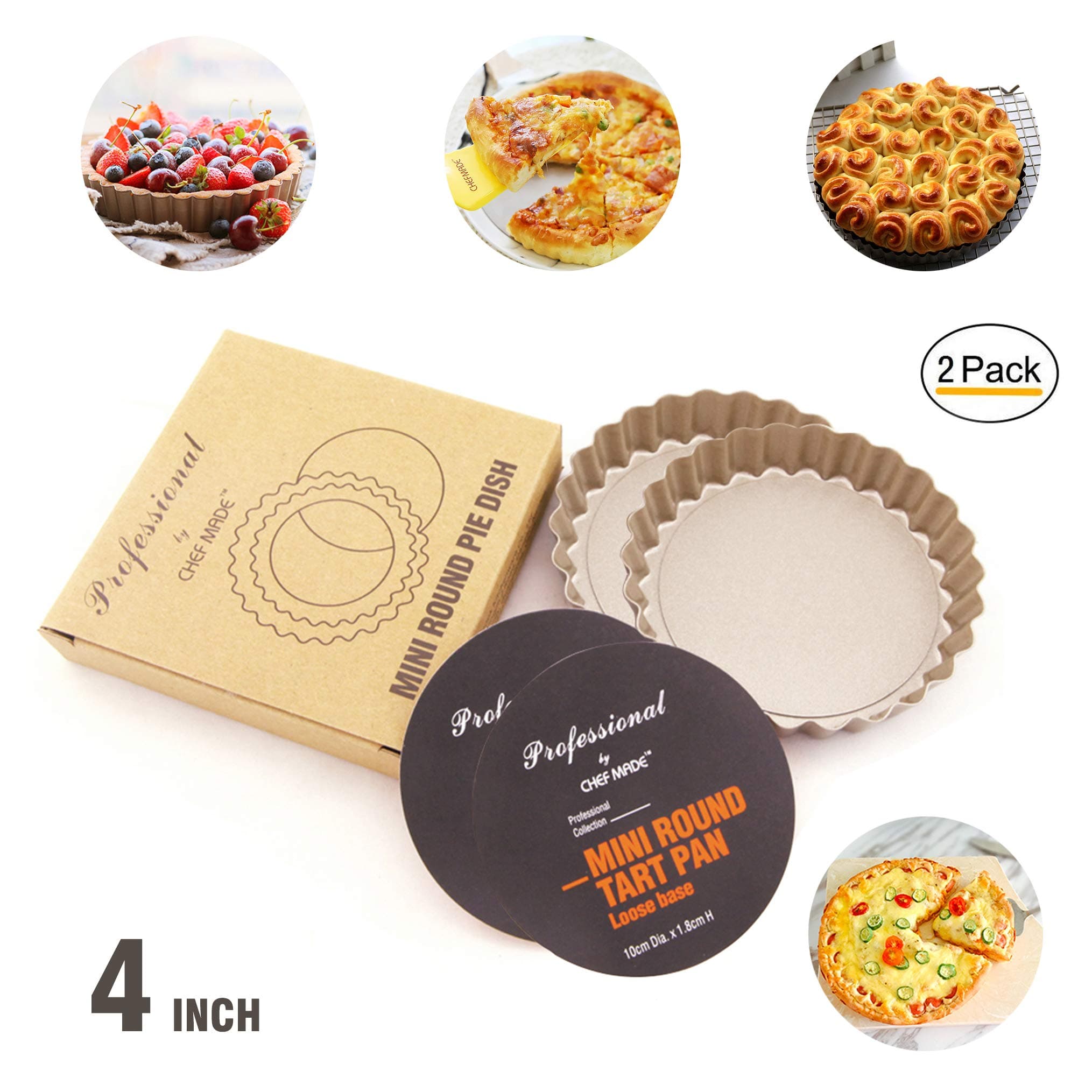 4-inch Mini Round Quiche Pan Set, Ottsuls Non-Stick Carbon Steel Tart Pan with Removable Loose Bottom, FDA Approved for Oven Baking (2-Pack)