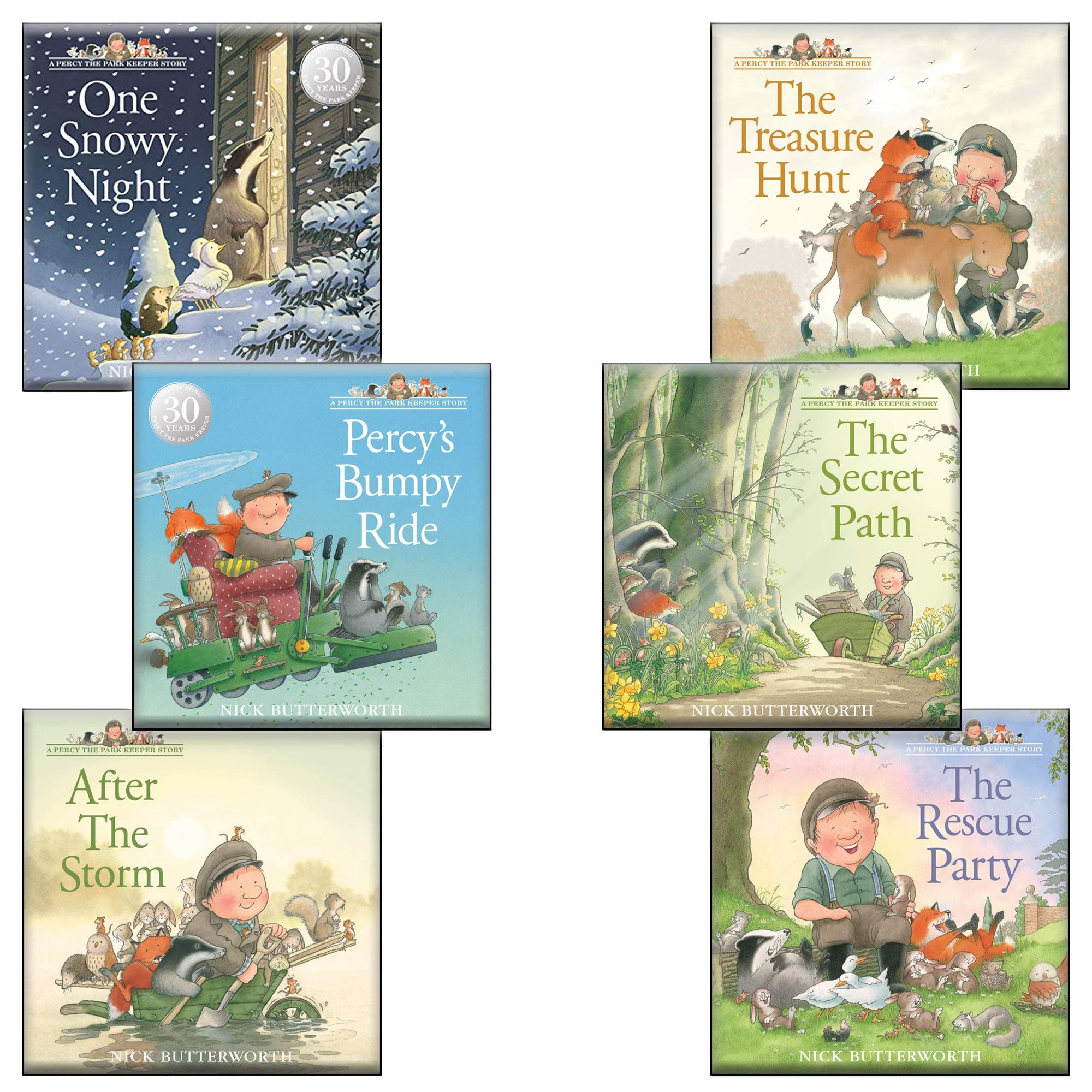 Percy the Park Keeper Collection 6 Books Set By Nick Butterworth (After The Storm, The Treasure Hunt, Percys Bumpy Ride, The Rescue Party, One Snowy Night, The Secret Path)