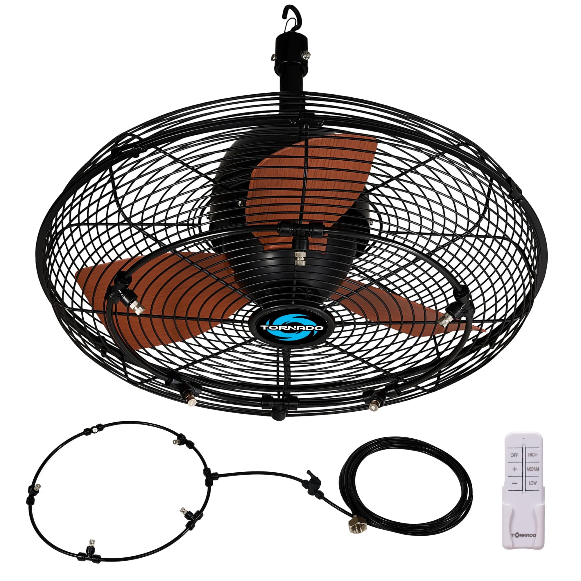 Tornado 20 Inch Outdoor Ceiling Mount Misting Fan – Pre-Installed Misting Kit with 5 Brass Nozzles, Remote Control, 3 Speeds, 3300 CFM, Quiet & Powerful, IPX4 Water-Resistant, UL Listed for Safety