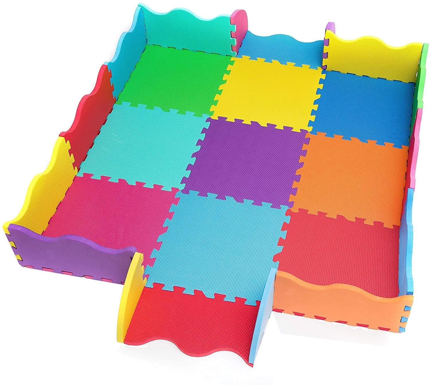 EVA Foam Play Mat with Borders; 25 Pieces; 31.5 x 31.5cm; 1.4cm Extra Thick – Multi-Coloured and Interlocking Floor Tiles – Fun, Safe and Stimulating Soft Play.