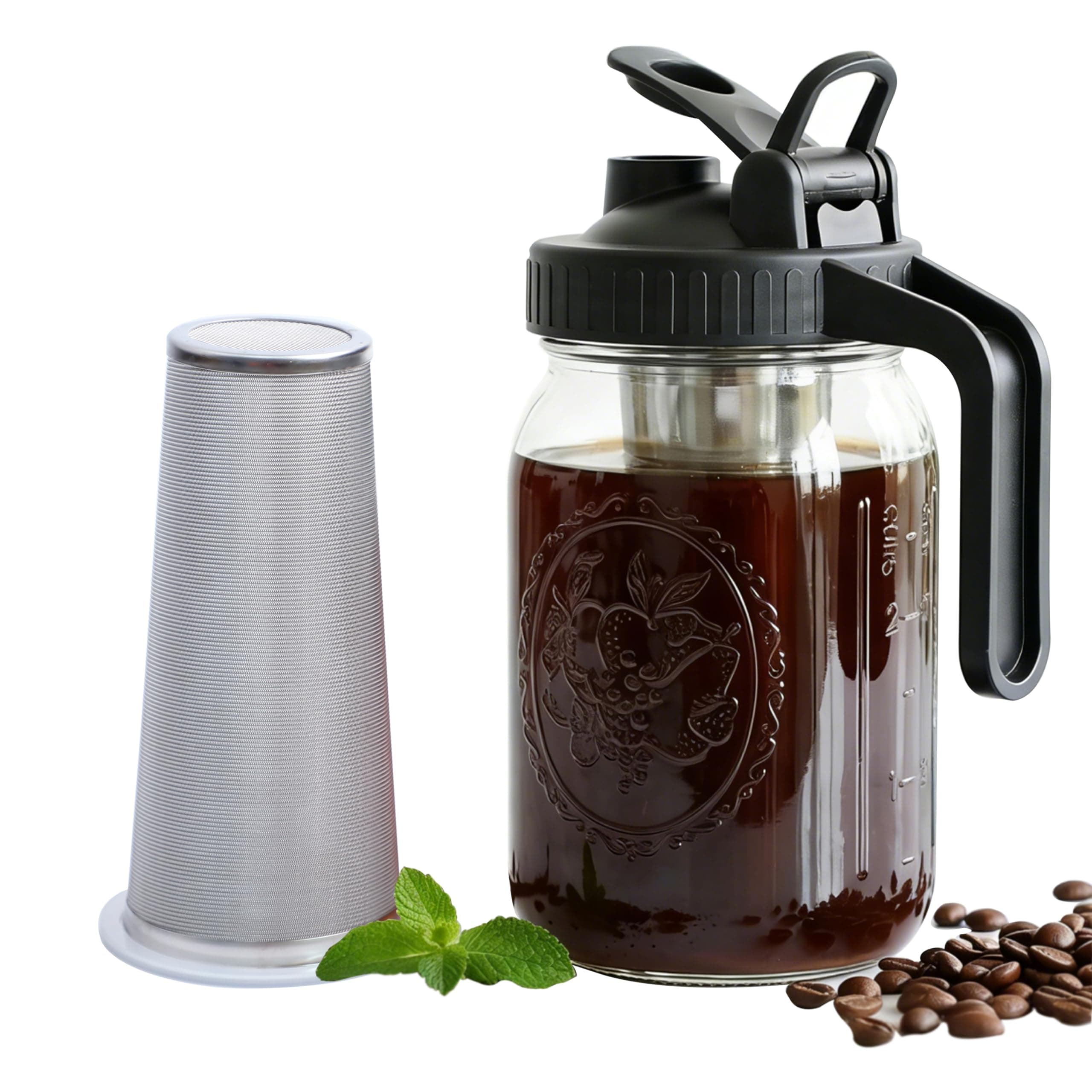 Cold Brew Coffee Maker 32 Oz Wide Mouth Mason Jar Pitcher With stainless steel Filter 1 Quart Airtight & Leak-Proof cold brew pitcher with pour spout lid and handle For iced Coffee Tea and lemonade