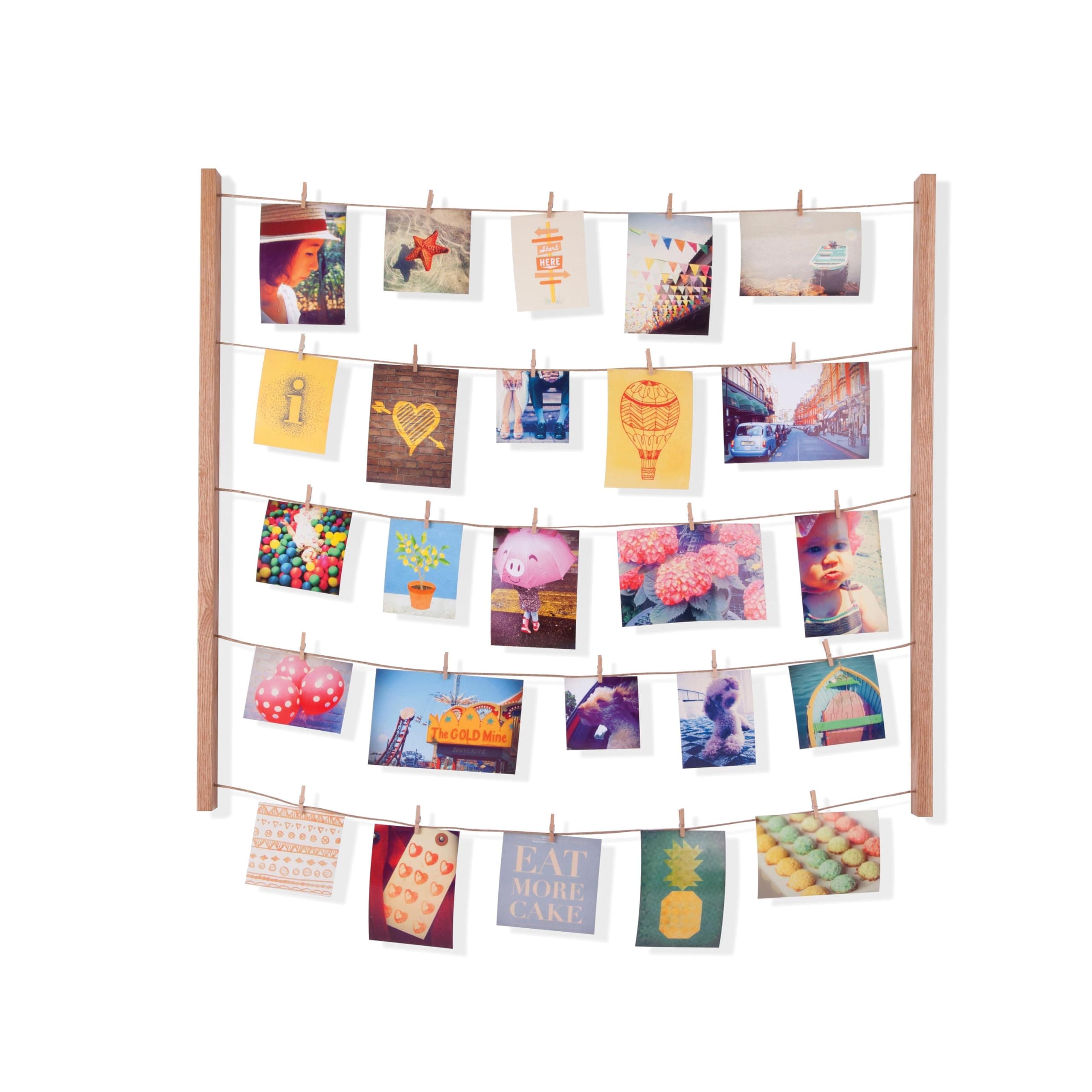 UmbraHangit Photo Display - DIY Picture Frames Collage Set Includes Picture Hanging Wire Twine Cords, Natural Wood Wall Mounts and Clothespin Clips for Hanging Photos, Prints and Artwork (Natural)