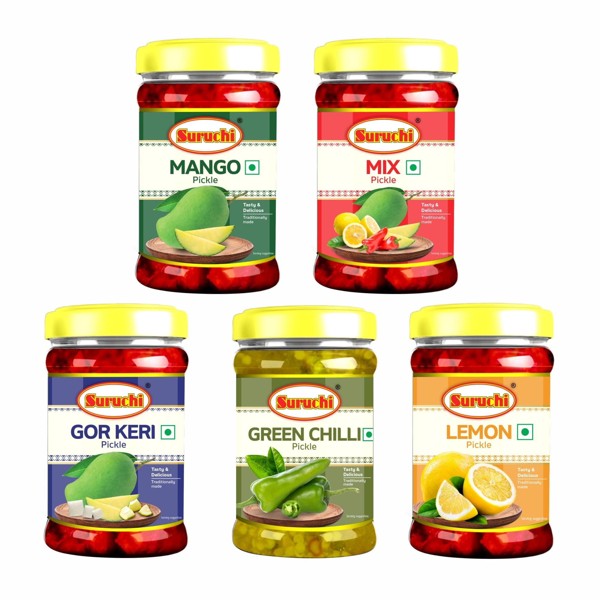 Suruchi Pickle Combo Pack of 5 | Mango Pickle, Lemon Pickle, Gor Keri, Mix Pickle, Green Chilly Pickle - 325g Each | Home made Achar | Natural Ingredients