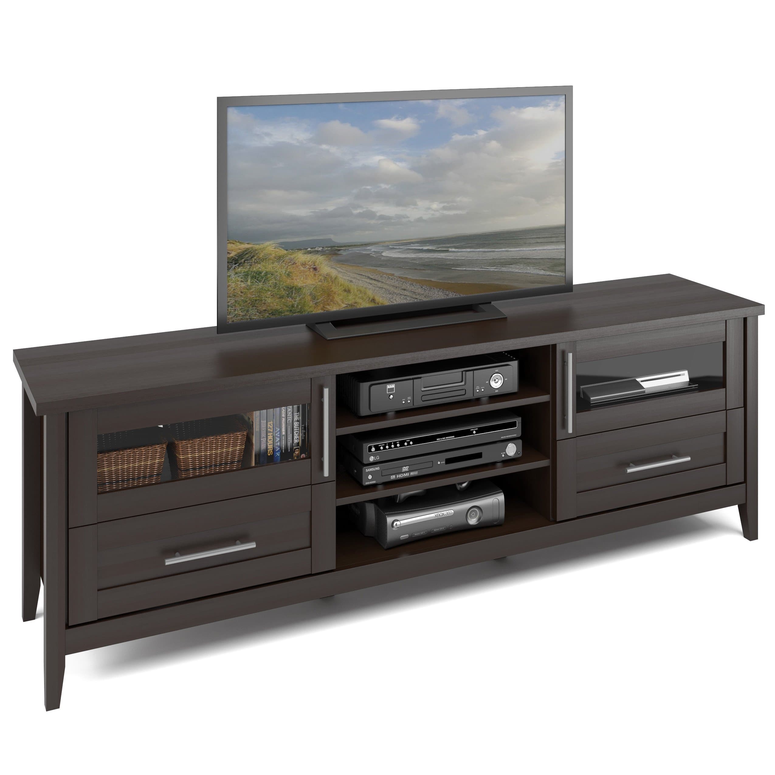 CorLiving Jackson Extra Wide TV Stand Component Bench Media Storage Unit, Espresso Finish, For TVs Up To 80''