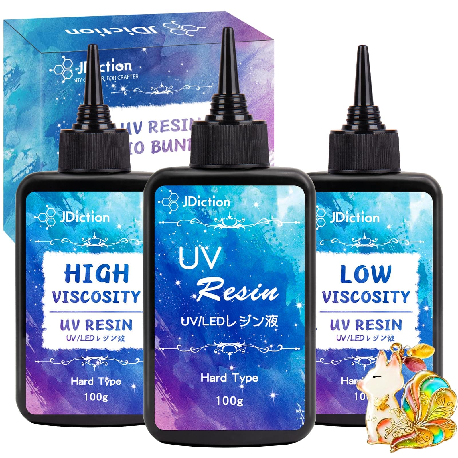 JDiction UV Resin Trio Bundle - 300g Total - Regular, High Viscosity/Thick and Low Viscosity/Thin Crystal Clear UV Resins for Jewelry Making, Doming, Coating, Detail Molds and Casting Resin Crafts