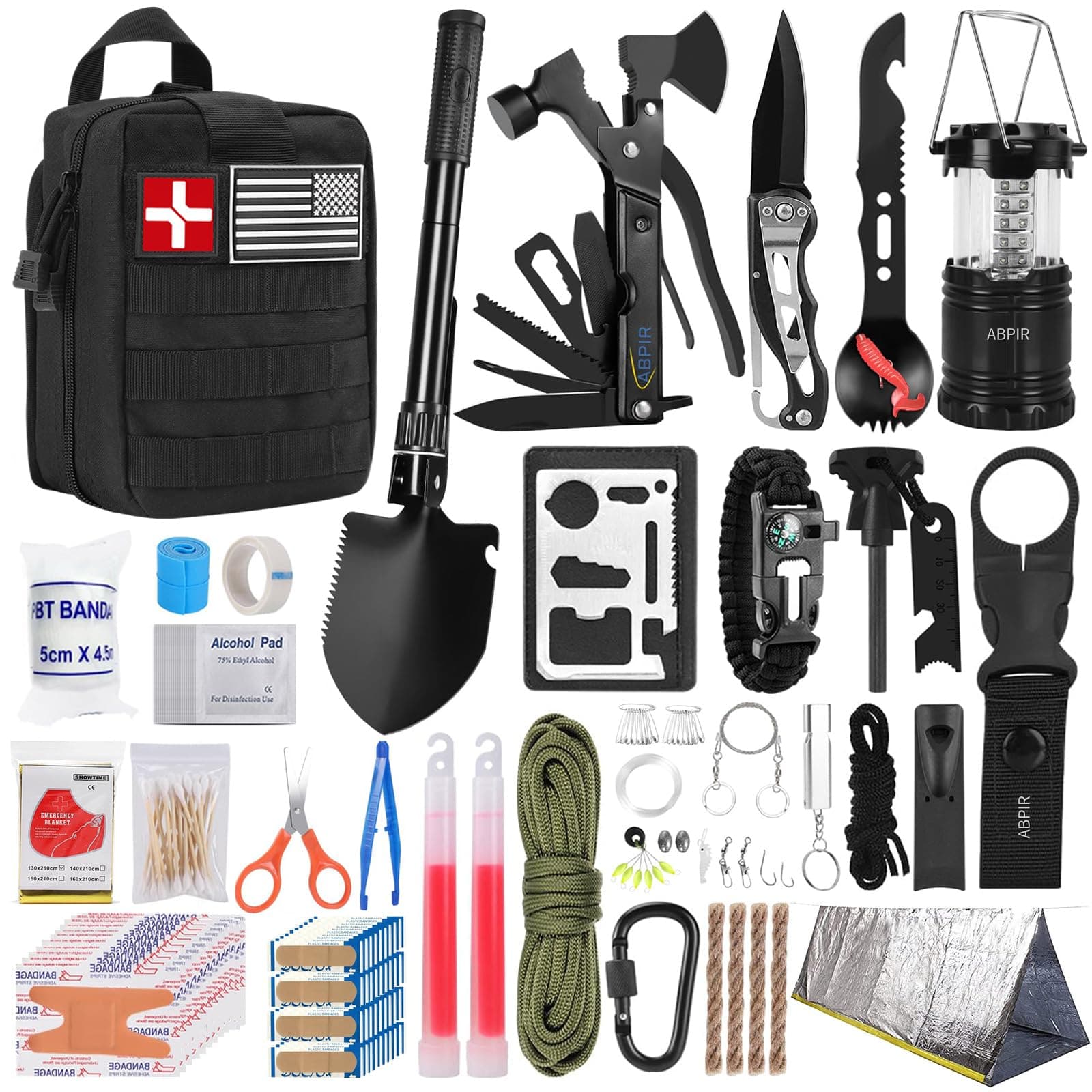 Abpir 171PCS Survival First Aid Kit with Survival Gear, First Aid Supplies, Emergency Tent, and MOLLE Nylon Bag, Ideal for Car, Travel, Home, Outdoor Adventures, for Men, Christmas, Teens