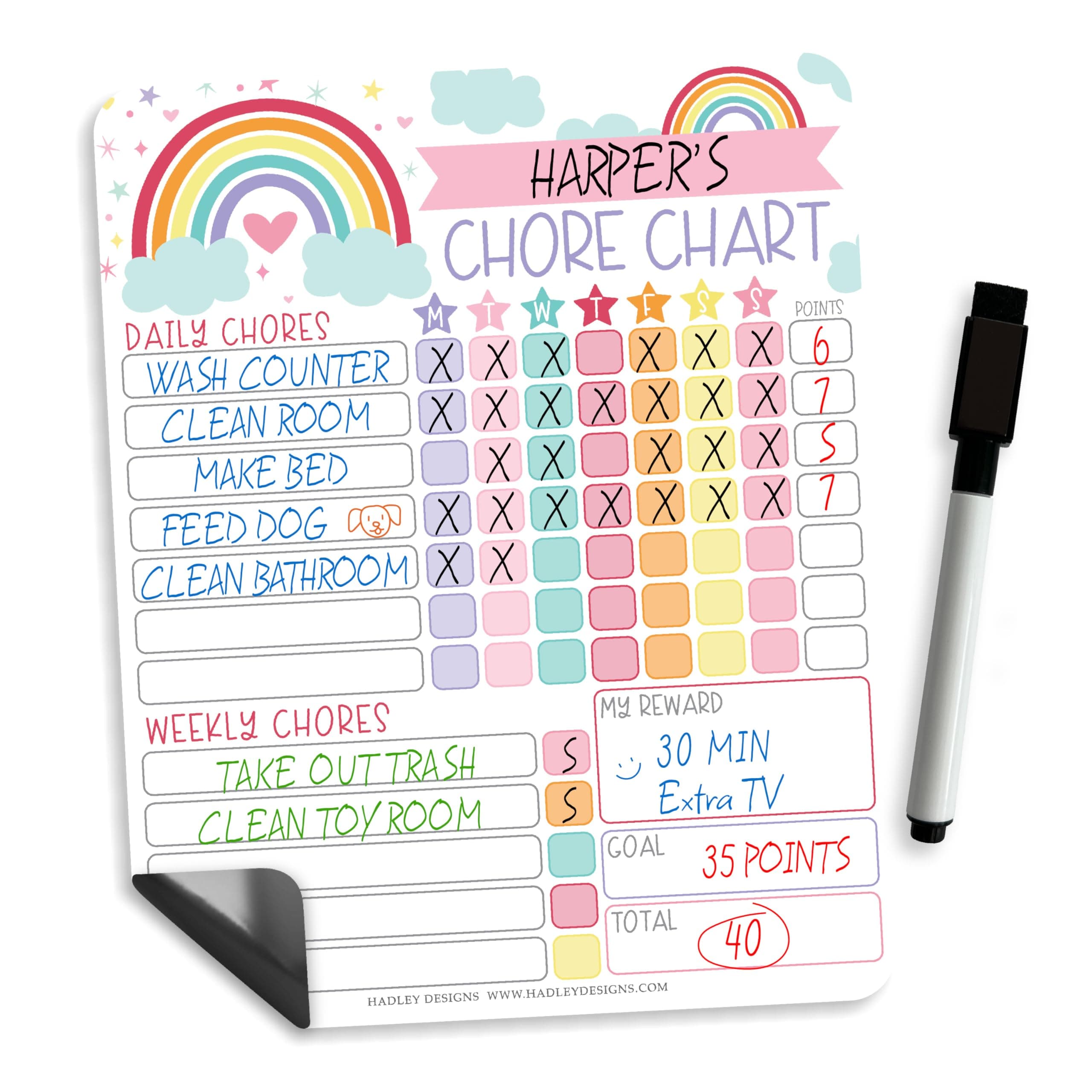 Hadley Designs Magnetic Chore Chart for Kids – Reward Chart for Kids, Dry Erase Responsibility Board for Children at Home, Fridge Behavior Tracker for Daily & Weekly Tasks, Rainbow Toddler Chore Board