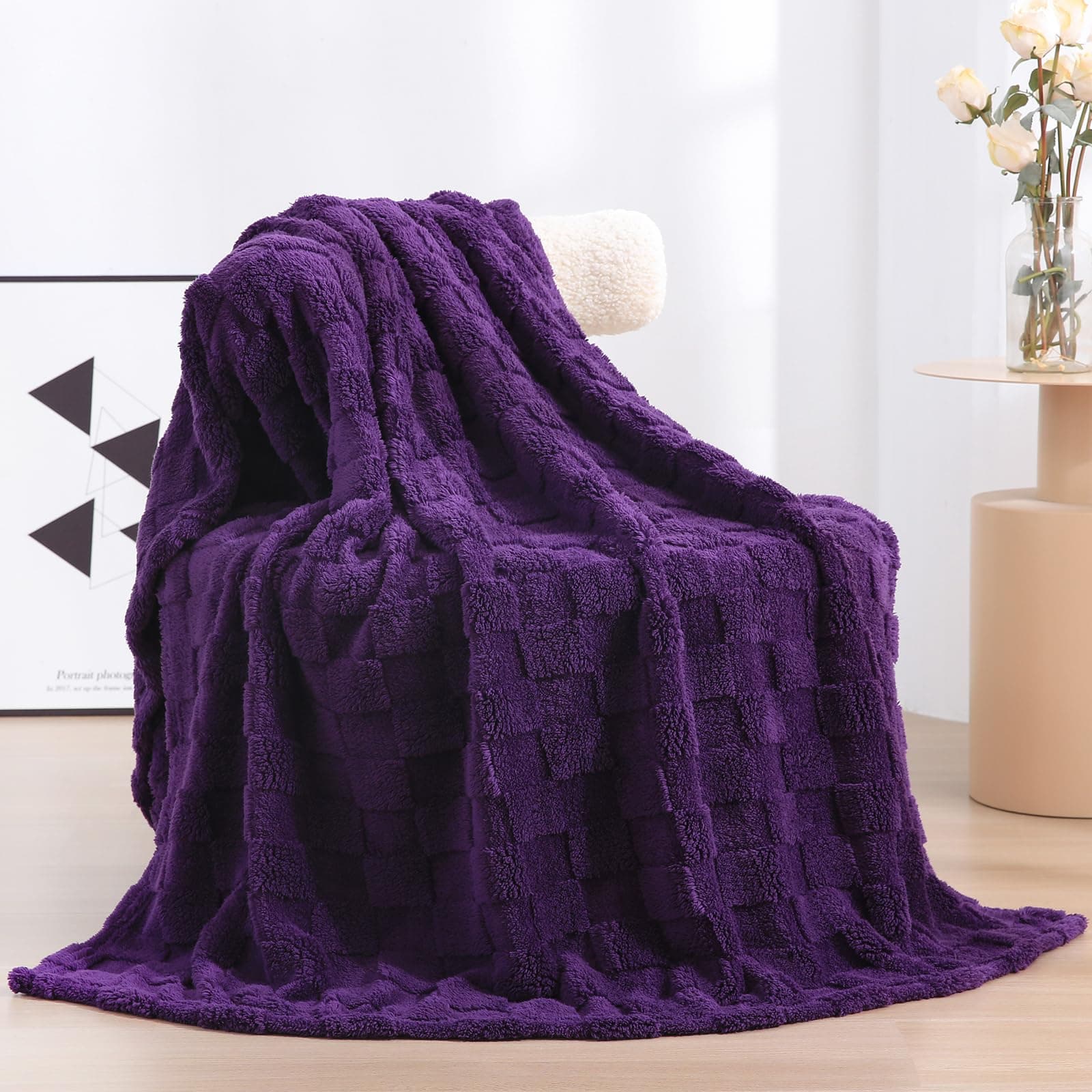 Deep Purple Fleece Throw Blanket 50”×60” for Couch Sofa Bed,Super Soft Cozy Plush Microfiber Flannel Blanket with 3D Checkered Design Lightweight for Adults,Woman,Girls