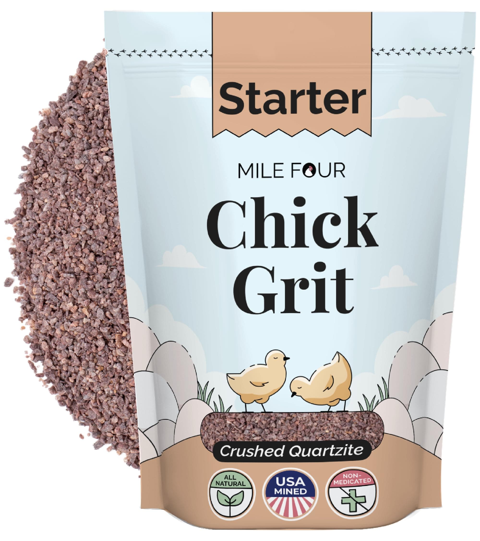 Mile Four | Starter Chick Grit | Starter Chick (0-8 Week) Grit | 100% US Mined Quartzite, Mineral Grit | Organic, Natural Crushed Grit Quartzite, Mineral Grit | 4 lbs.