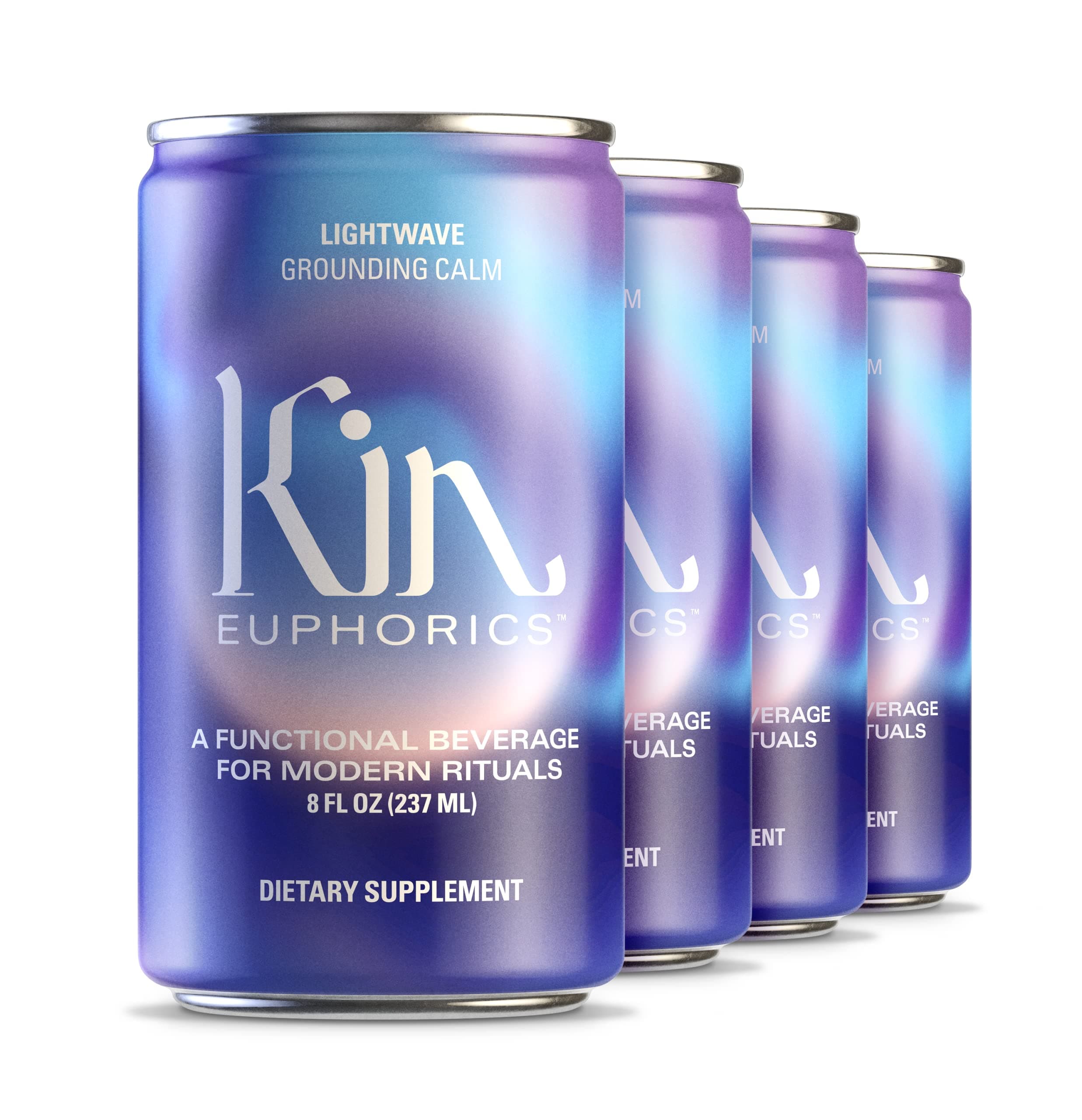 Kin Euphorics Lightwave Non-Alcoholic Functional Beverage | Calm the Mind & Mellow the Mood | Adaptogens, Nootropics, Reishi Mushroom & L-Theanine | 8 Fl Oz (4pk)