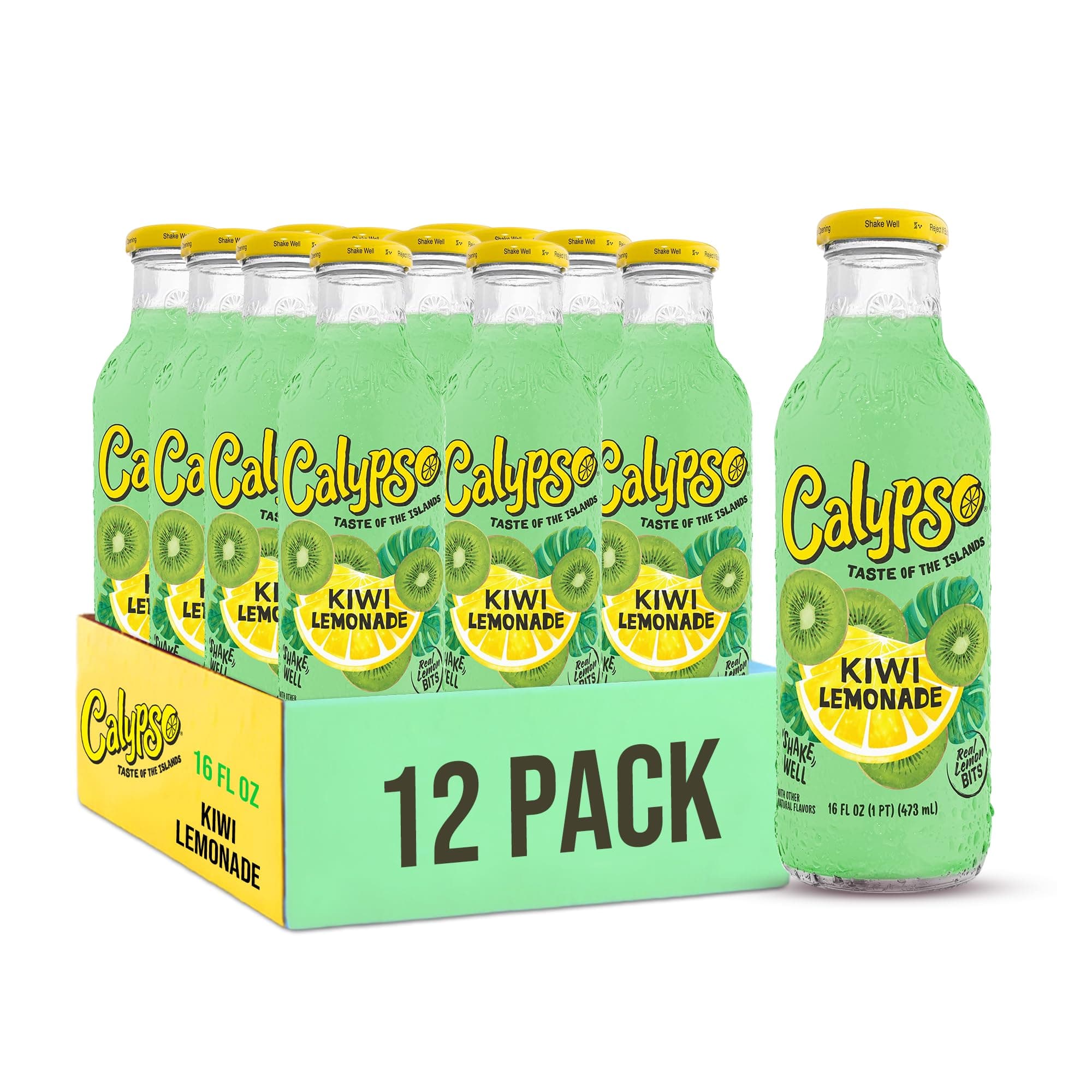 Lemonade, Kiwi Lemonade, Made with Real Fruit, 16 Fl Oz Glass Bottles (Pack of 12)