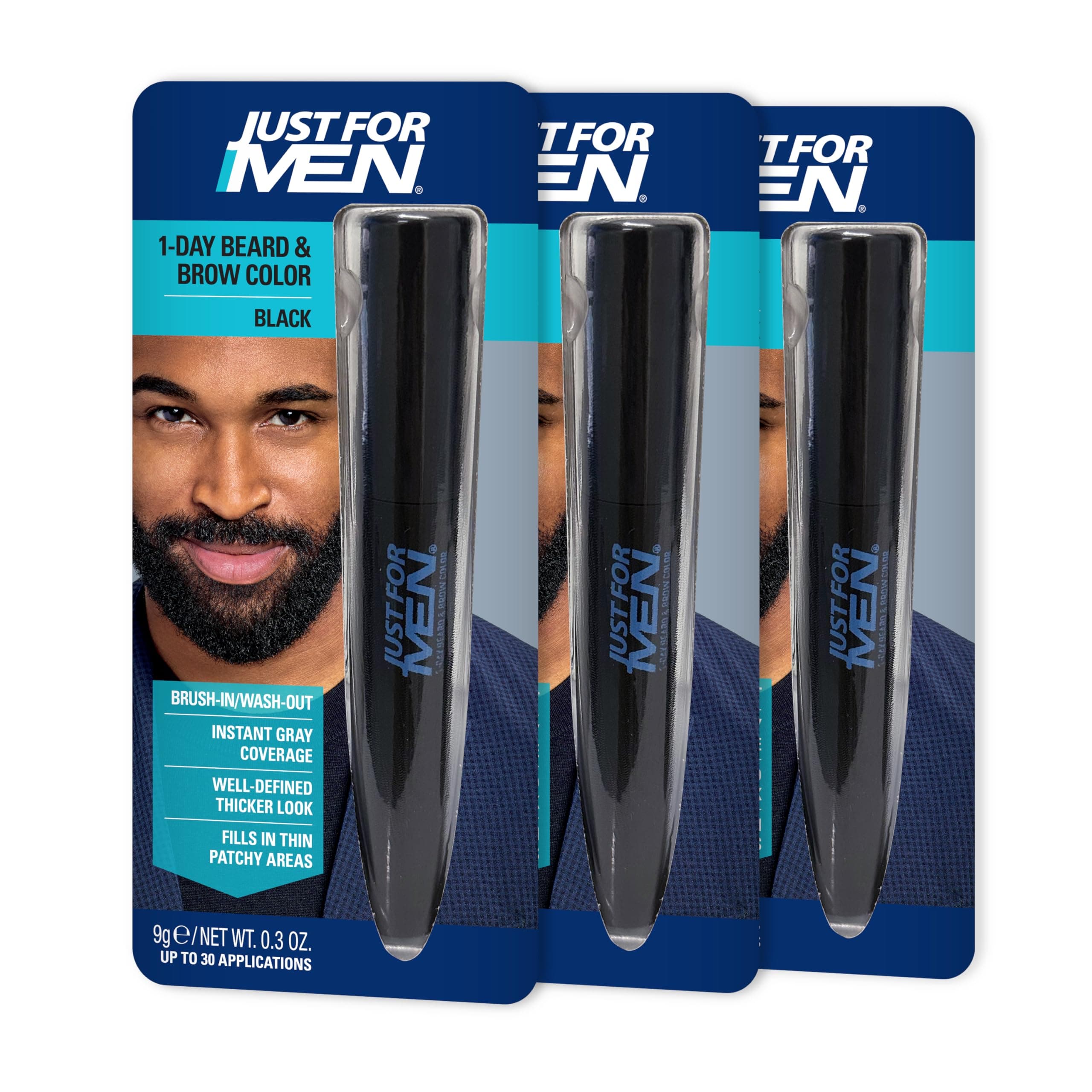 Just for Men 1-Day Beard & Brow Color, Temporary Color for Beard and Eyebrows, For a Fuller, Well-Defined Look, Up to 30 Applications, Black, Ships in Eco-Friendly Packaging (Pack of 3)