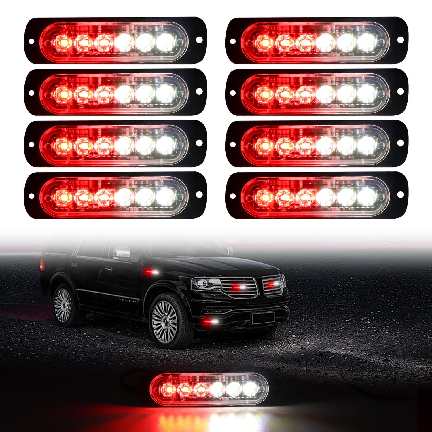 DIBMS LED Emergency Strobe Lights, 8x Red White 6 LED Strobe Warning Emergency Flashing Light Caution Construction Hazard Light Bar For Car Truck Van Off Road Vehicle ATV SUV Surface Mount