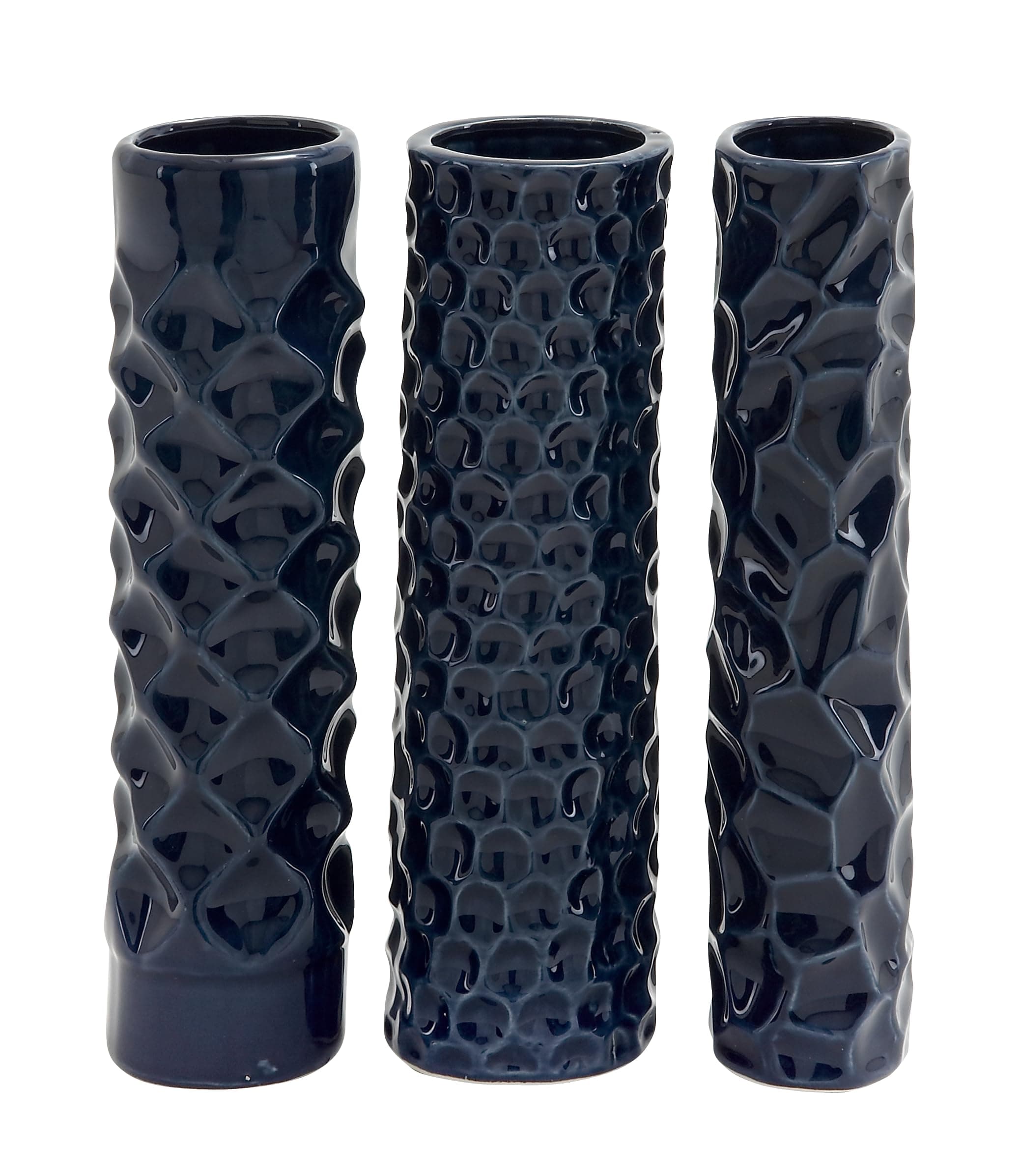 Deco 79 Ceramic Decorative Vase Centerpiece Vases with Varying Patterns, set of 3 Flower Vases for Home Decoration 3" x 3" x 12", Dark Blue