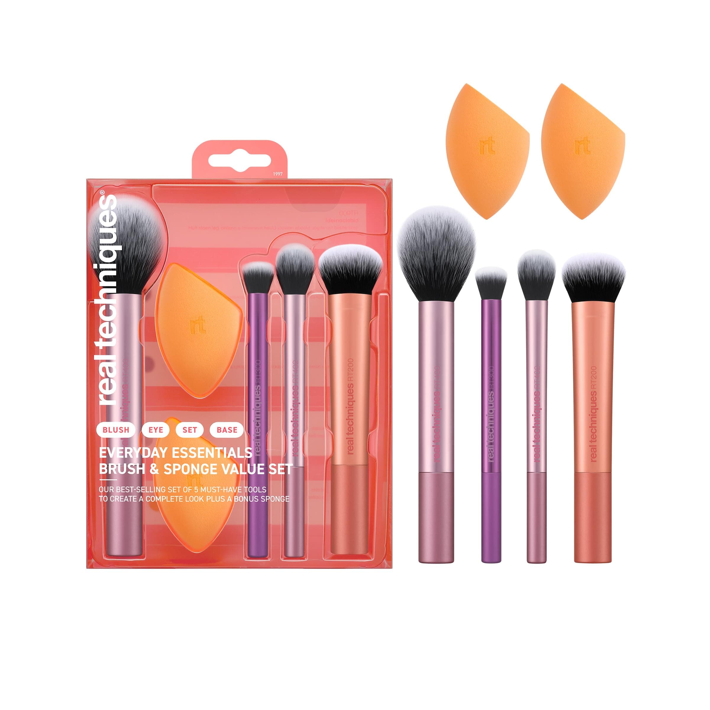 Real Techniques 6 Piece Everyday Essentials Makeup Brush Set, Includes 4 Brushes & 2 Makeup Sponges, For Foundation, Blush, Bronzer, Contour, Eyeshadow, & Powder, Travel Gift Set, Cruelty-Free & Vegan