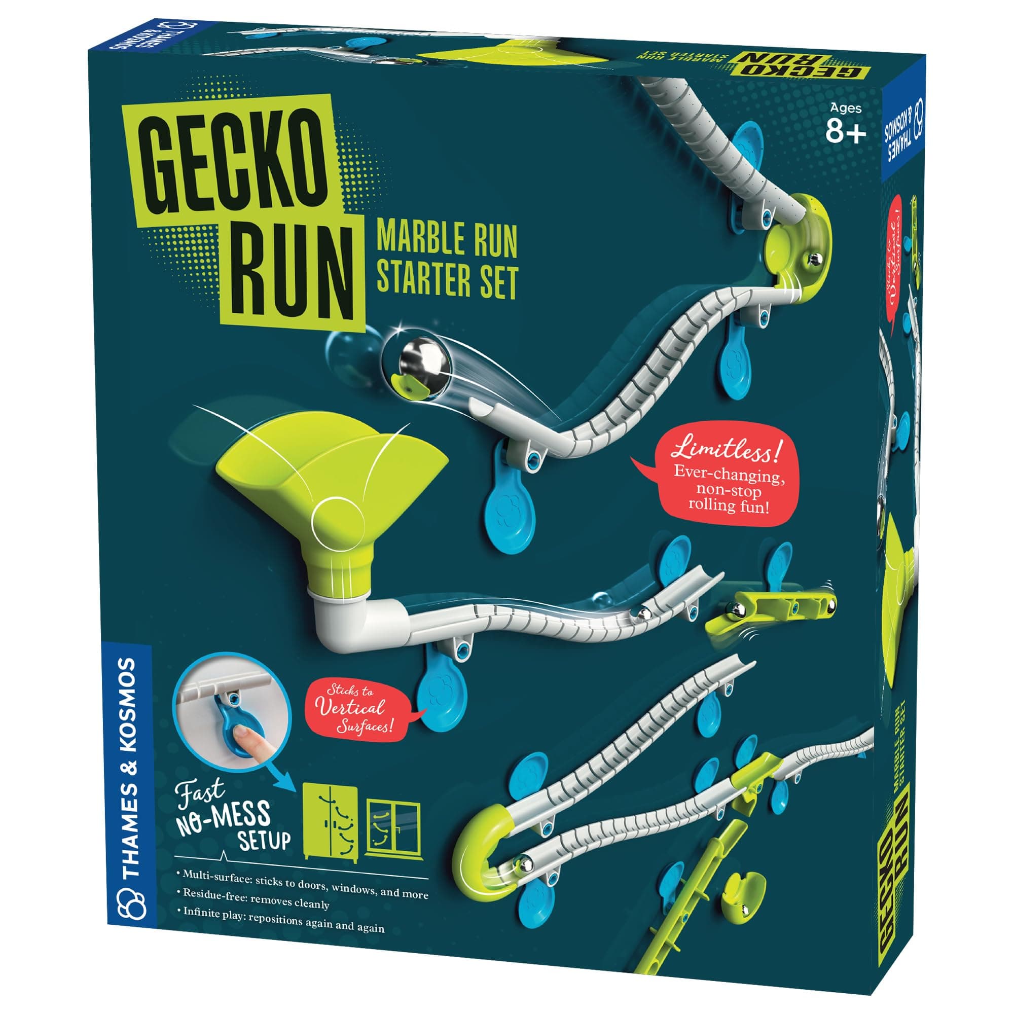 Gecko Run Marble Run Starter Set by Thames & Kosmos, Toy of the Year Winner - 63 Piece Vertical Marble Run, Flexible Tracks | Fast, No-Mess Setup, Residue-Free Nano-Adhesive Pads, Creative Play