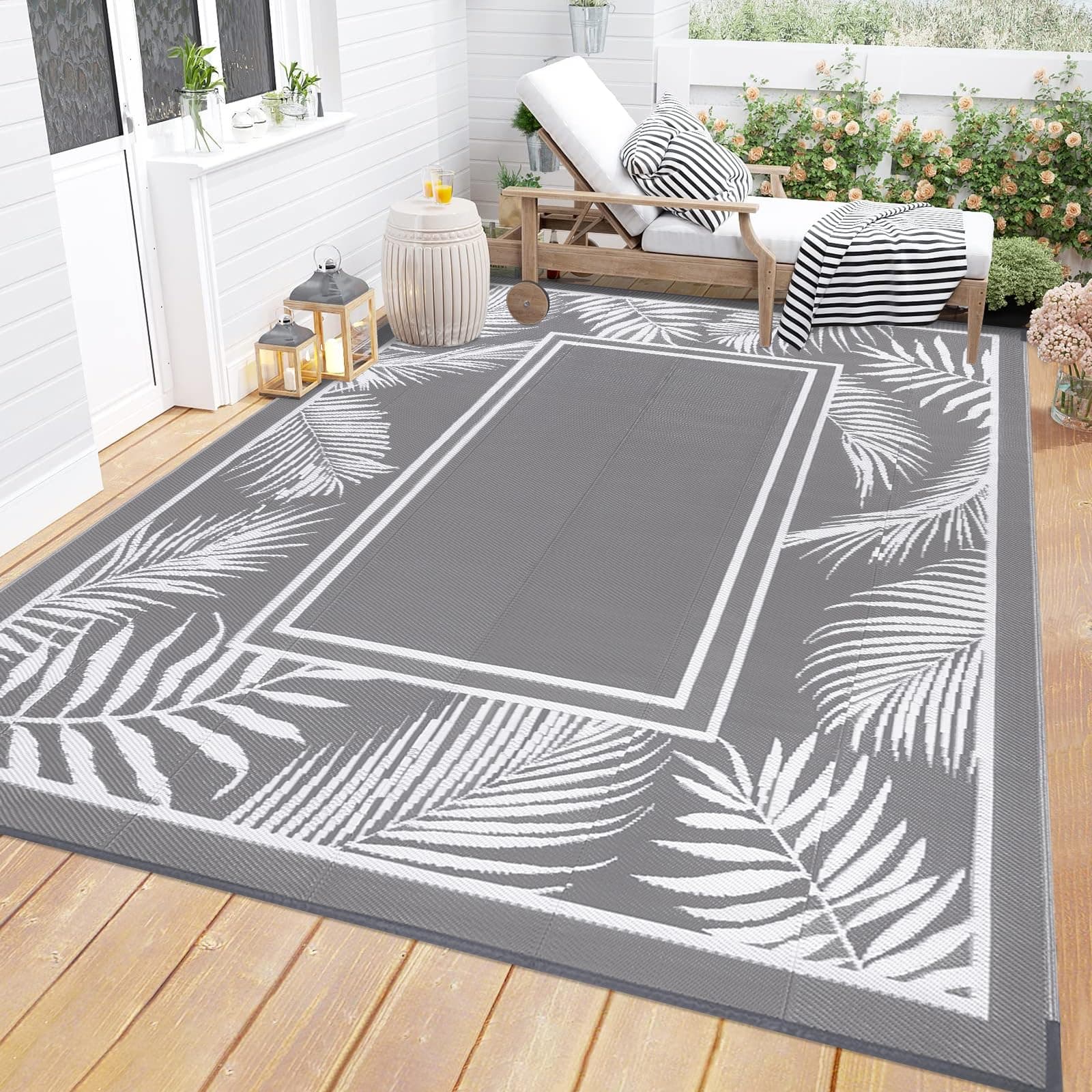 Bsmathom Waterproof Outdoor Rug 9x12ft Large Reversible Boho Plastic Straw Patio Deck Camping Rugs, Indoor Outdoor Portable RV Mat Carpet for Outside, Porch, Balcony, Backyard, Beach, Pool,Grey
