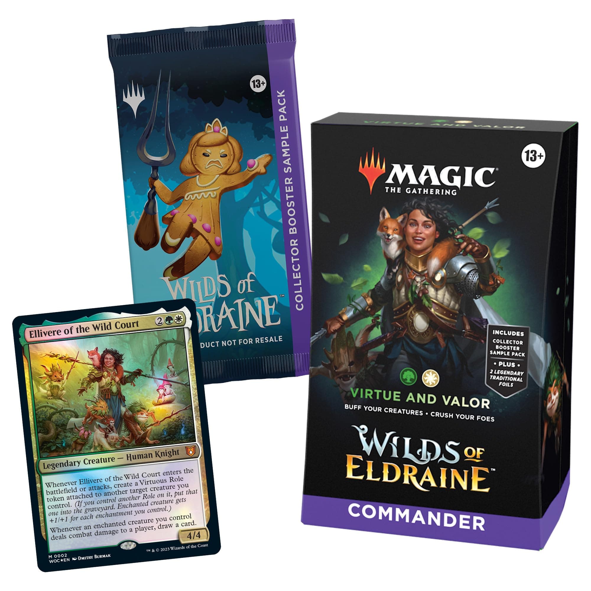 Wilds of Eldraine Commander Deck - Virtue and Valor (100-Card Deck, 2-Card Collector Booster Sample Pack + Accessories)