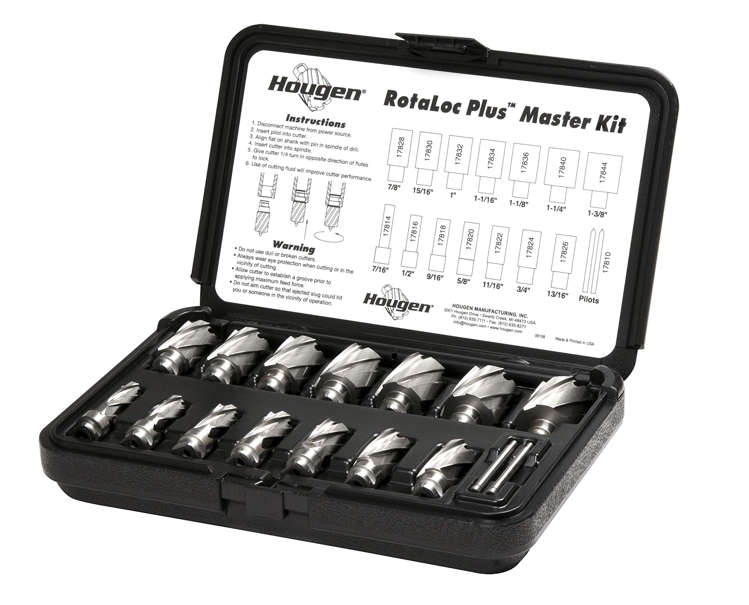 Hougen 17808 RotaLoc Plus Master Kit 7/16, 1/2, 9/16, 5/8, 11/16, 3/4, 13/16, 7/8, 15/16, 1, 1-1/16, 1-1/8, 1-1/4 & 1-3/8" 1-Inch Depth of Cut For use Exclusively in The HMD130/HMD150