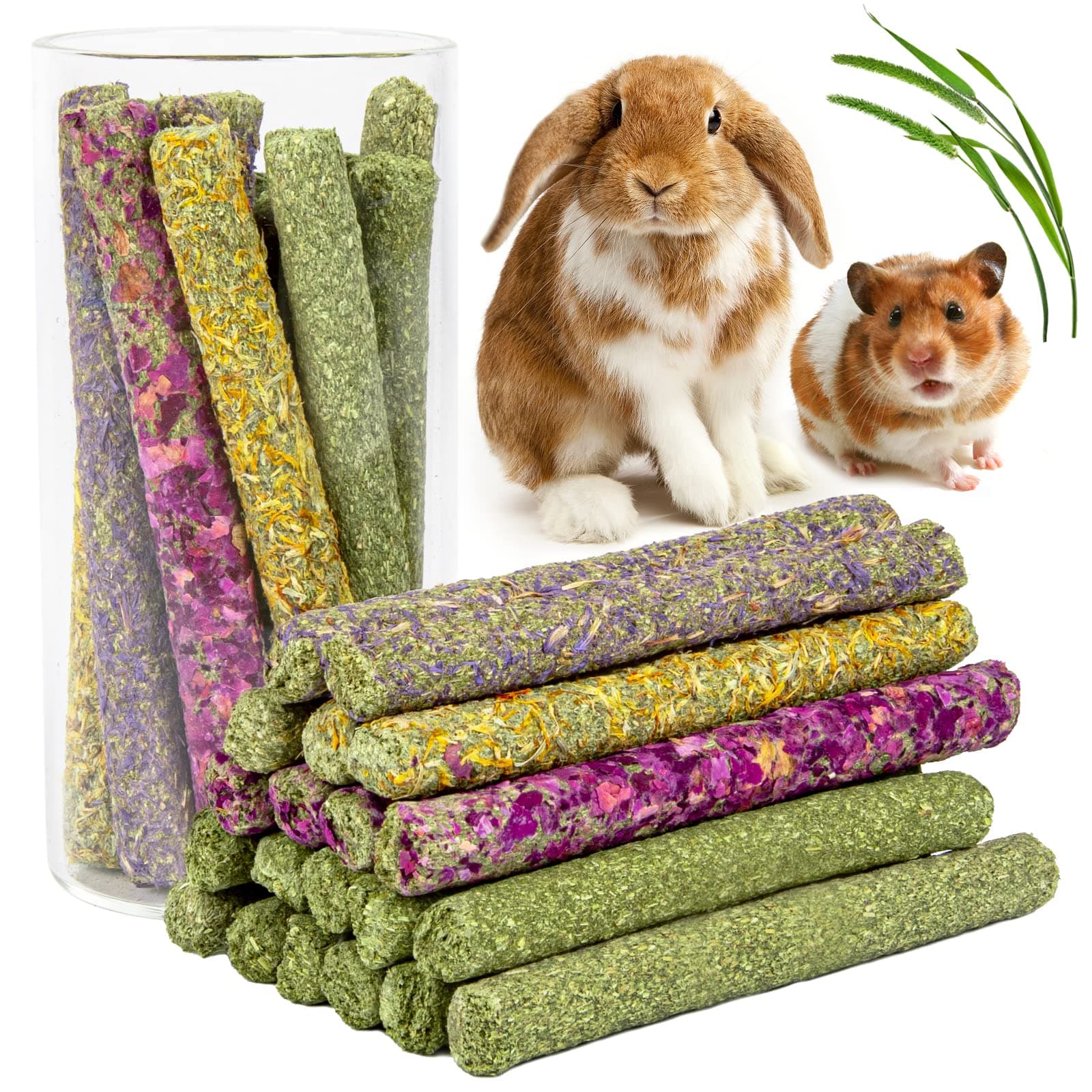 Sofier 32Pcs Timothy Hay Sticks 320g for Rabbit, Guinea Pig, Hamster - Natural Handmade Treats and Chews for Teeth - Chinchilla, Rat, Gerbil Toys