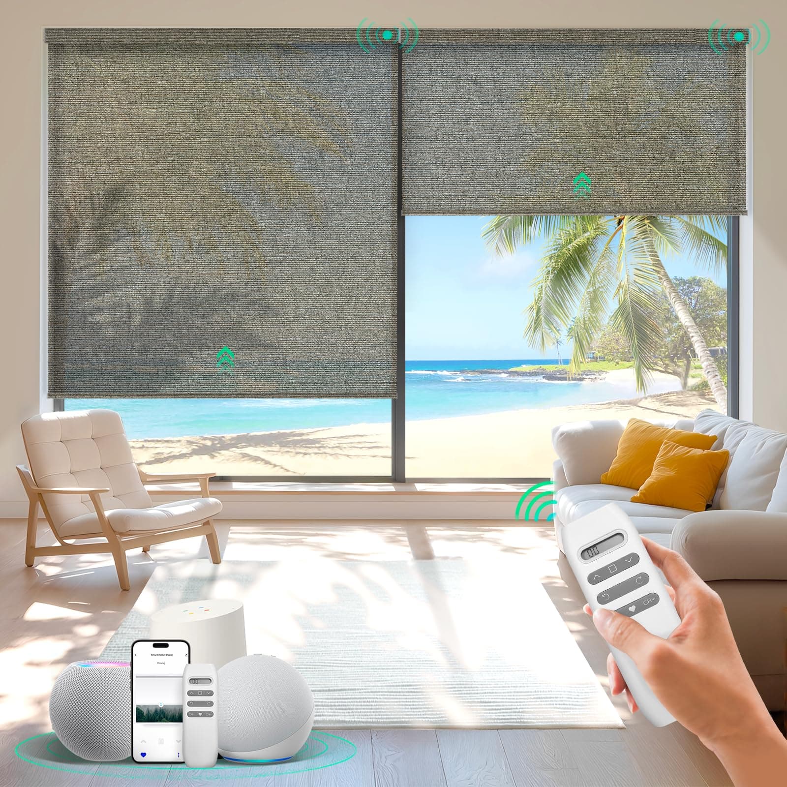 Motorized Roller Shades, Smart Blinds for Windows, Remote Automatic Window Shades, Electric Shades, Light Filtering, Compatible with Alexa Google Apple Home (Light Chaser-Coffee LF)