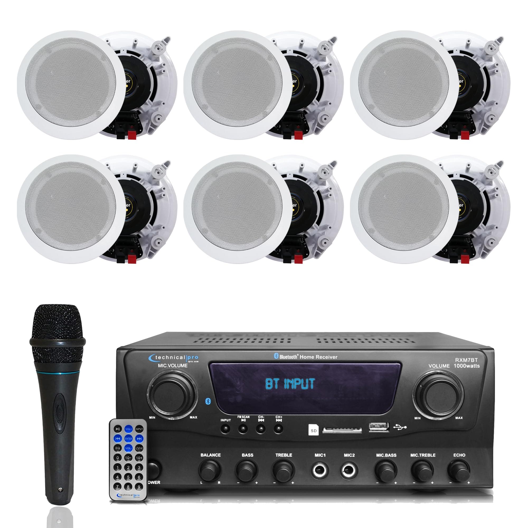 1000 Watts 2 Room Bluetooth Home Amplifier and Receiver with USB and SD Reader, (Qty 6) 6.5 Flush Mount in-Wall/in-Ceiling Stereo Speakers, Handheld Microphone with 10 Ft Cable