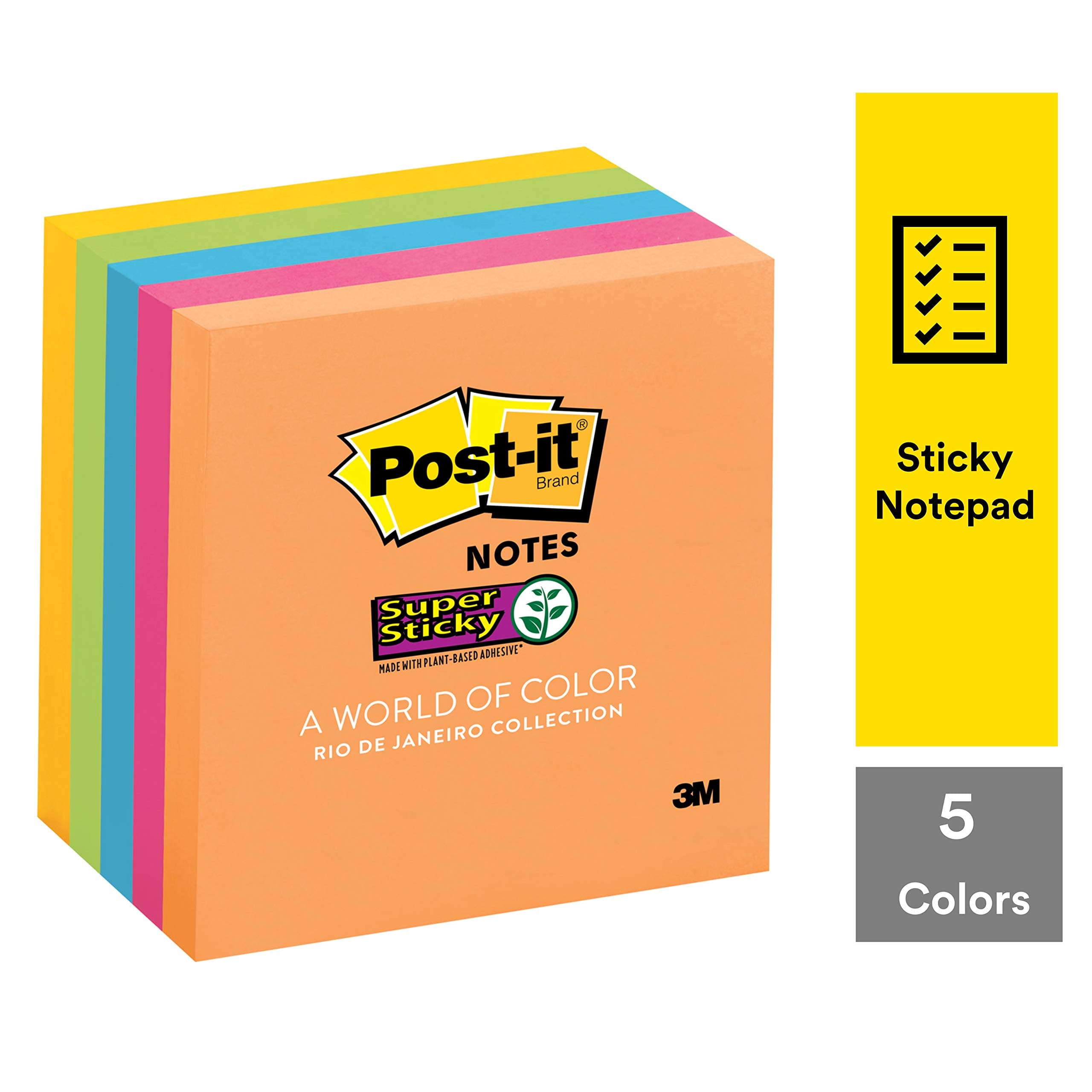 Super Sticky Notes, 2X Sticking Power, 3 in x 3 in, 5 Pads/Pack, 90 Sheets/Pad (neon Colour)