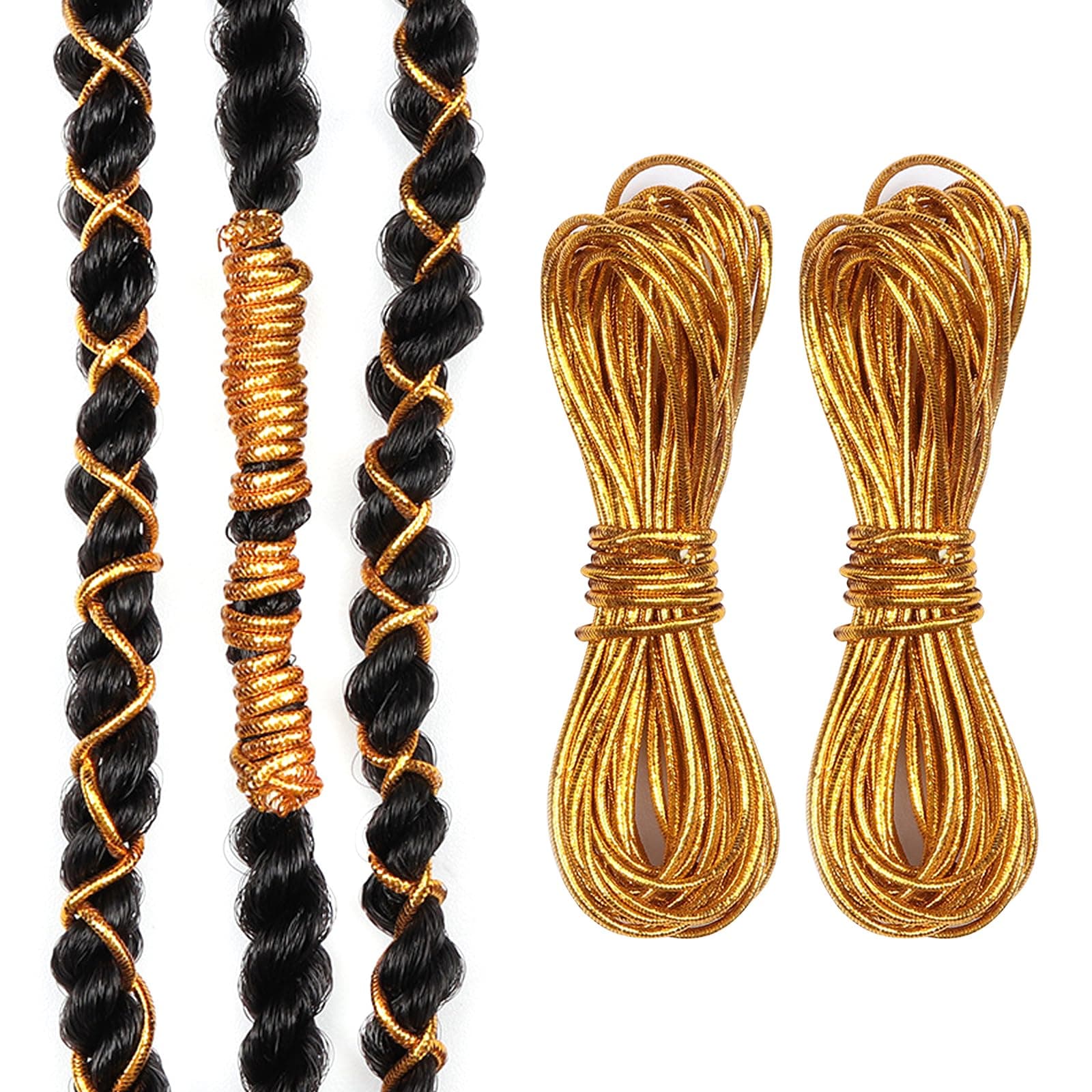 Larfraecy Hair Braiding Thread 2PCS Metallic Elastic Cords,Braid Accessories,Dirty Braid Wig Braided Headpiece,Metal Braids for Braids Christmas Paking Gift Wrapping Hanging (Gold)