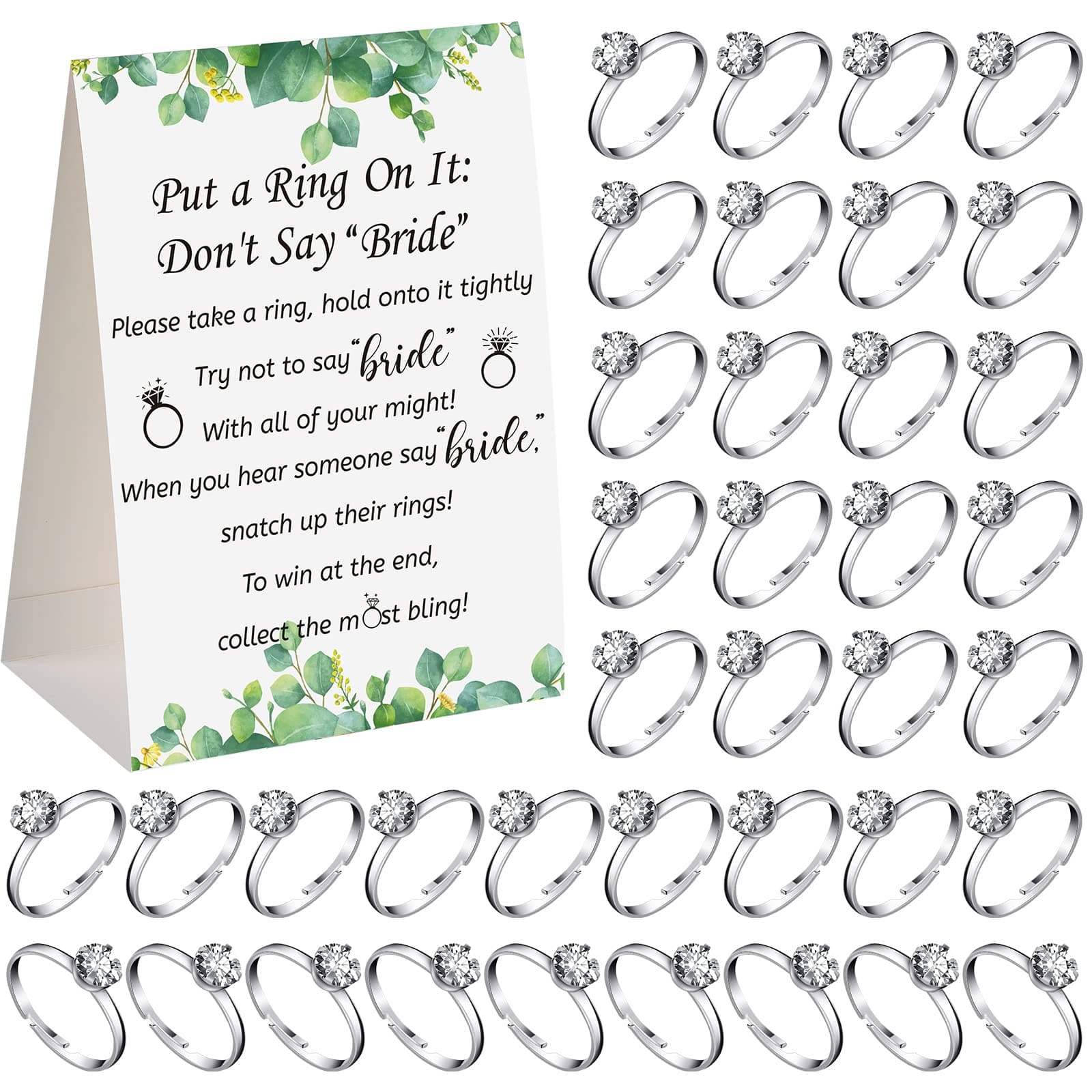 Woanger Put a Ring on It Bridal Shower Game with 50 Fake Rings, Rustic Greenery Theme Wedding Shower Games Wedding and Engagement Rings and Not Say Bride Rules Cards(Leaves,Silver)