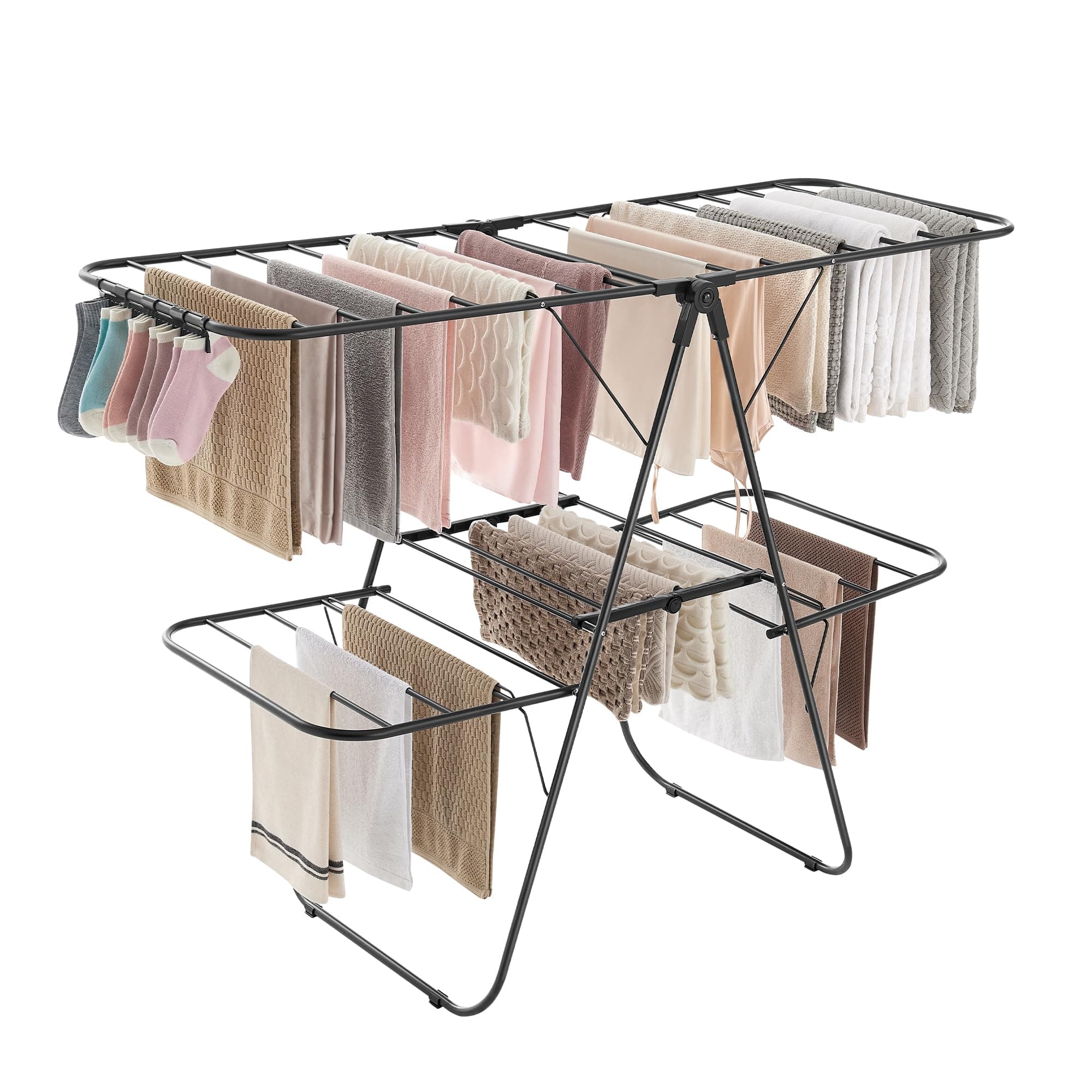 SONGMICS Clothes Drying Rack, Foldable 2-Level Laundry Drying Rack, Free-Standing Laundry Airer, with Height-Adjustable Wings, 33 Drying Rails, Sock Clips, Black ULLR053B01V1