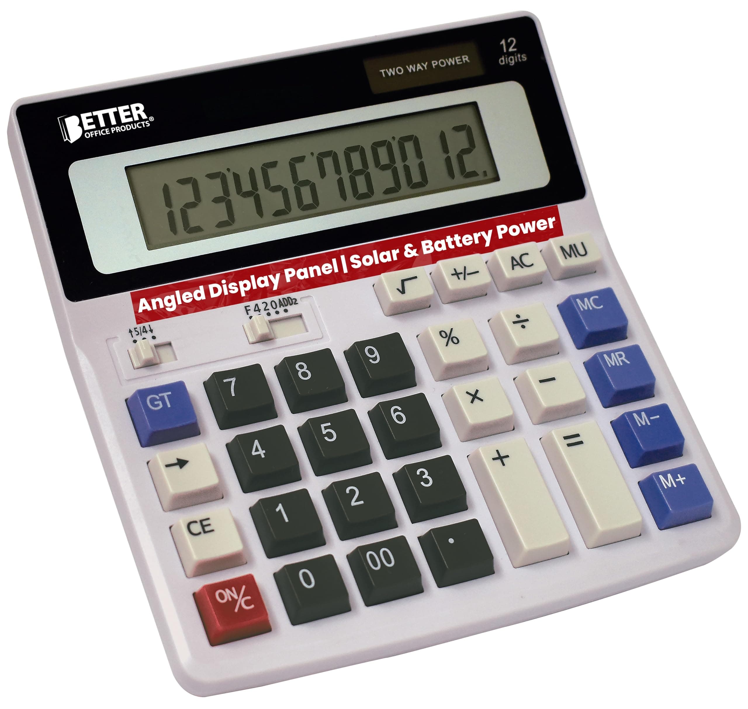 Better Office Products Extra Large Electronic Desktop Calculator, 12-Digit LCD Display, Angled Display Panel, 4 Function Memory Keys, Light Gray, Dual Power with Included AA Battery Power