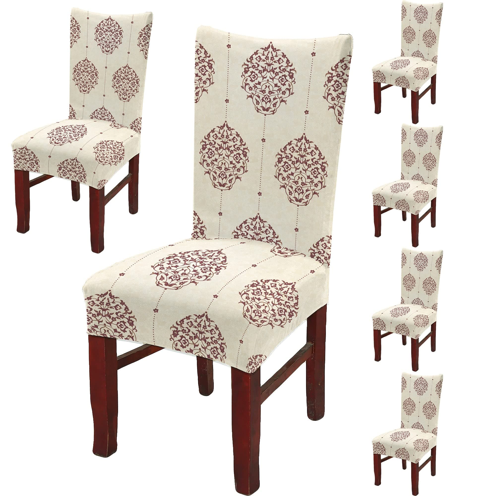 BRIDA® Polyester Spandex Stretchable Floral Geometric Printed Dining Chair Covers Elastic Chair Seat Case Protector, Slipcovers (6 Chair Cover, Damask Beige)