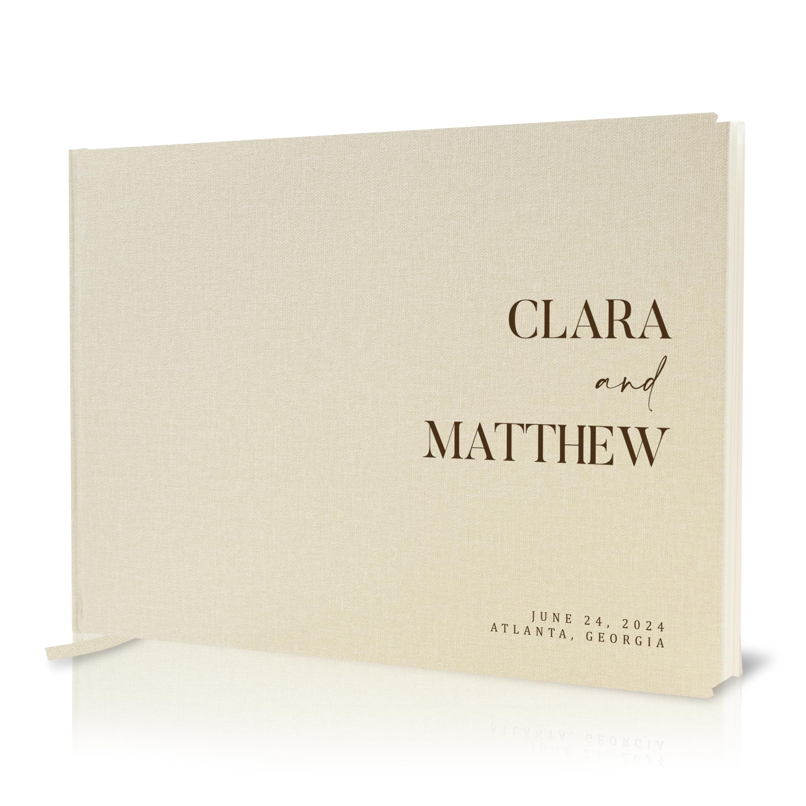 Personalized Guest Book - 11.5" x 8.5" Premium Custom Guest Signing Book with Bookmark and Blank Pages for Wedding Reception Table Decoration Engagement Birthday Party Event, Cream