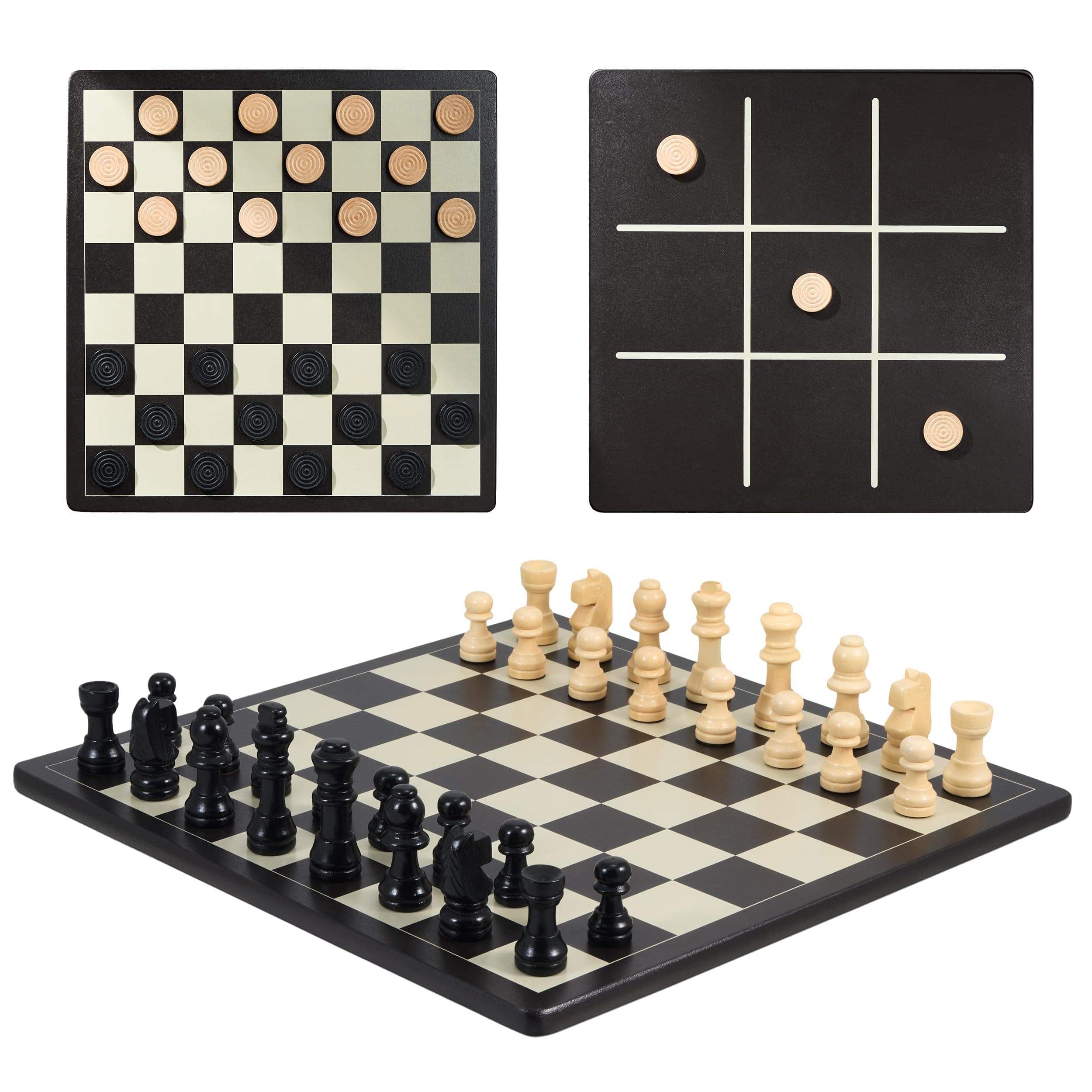 3 in 1 Chess, Checkers and Tic-Tac-Toe Set – Wooden Chess Set, Double-Sided 11'' Game Board with Extra Queens – Fun Family Chess Board for Adults and Kids – Ideal for All Ages