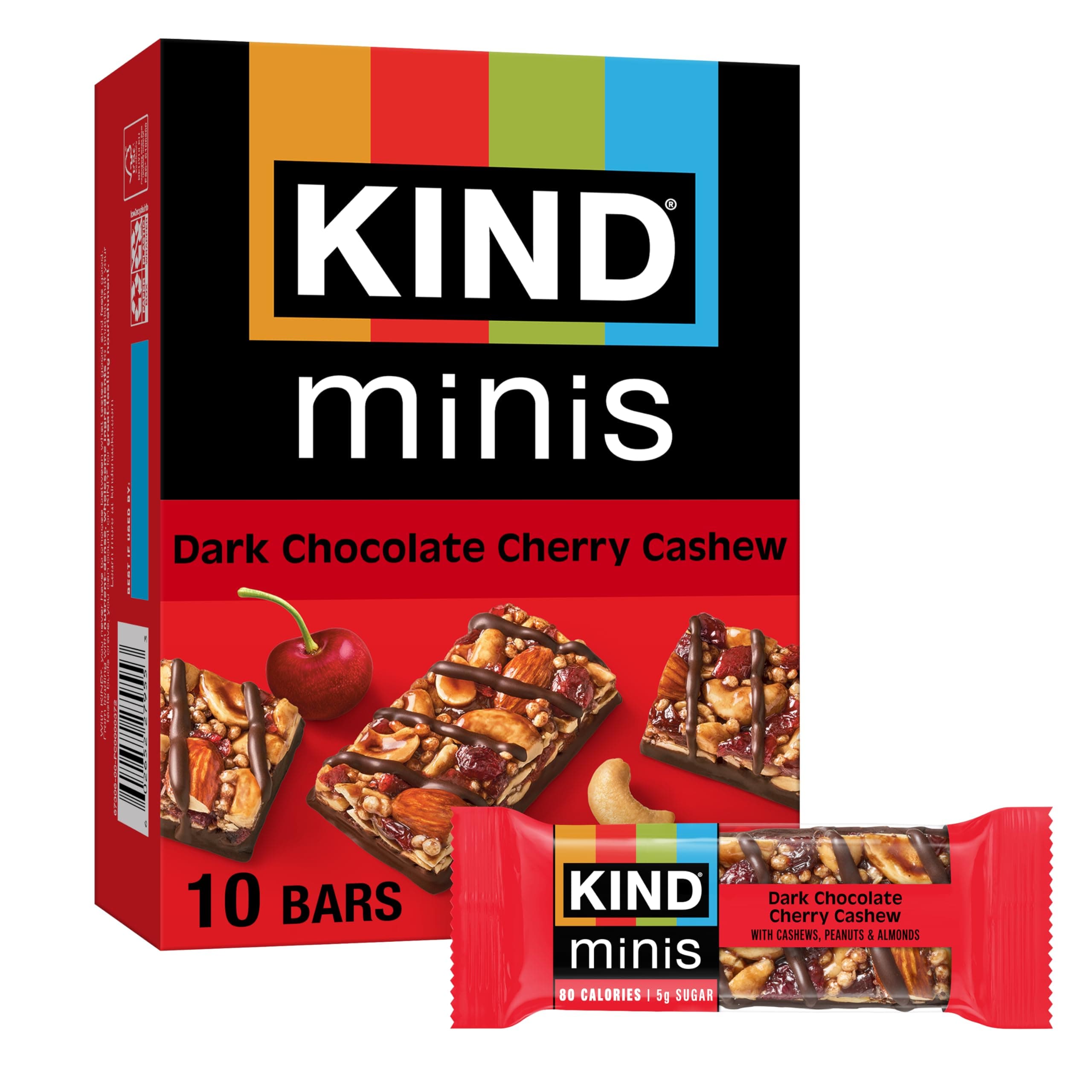 KIND Mini Snack Bars, Dark Chocolate Cherry Cashew, Gluten Free, Low Sugar, Low Calorie Snacks, 10 Count