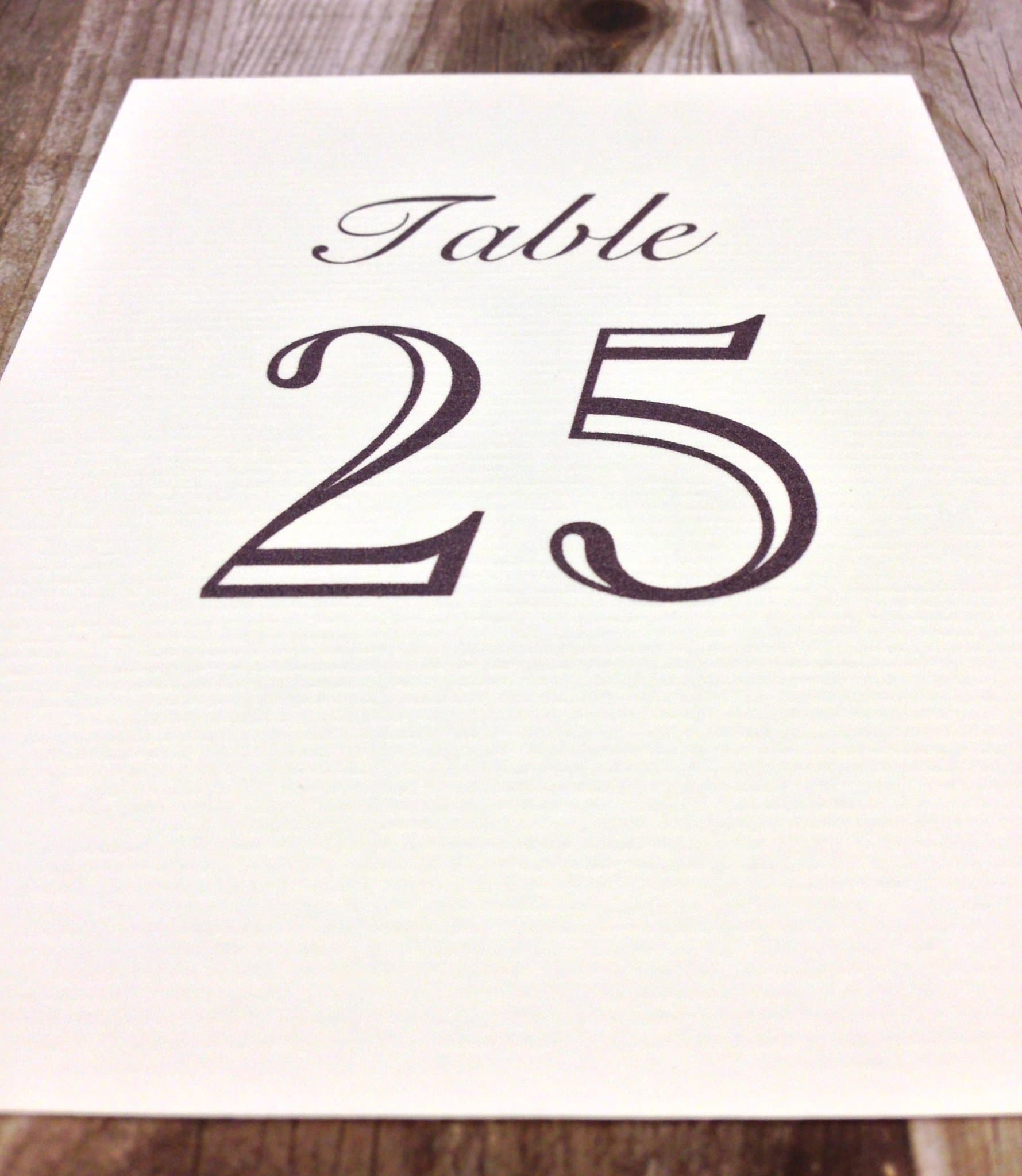1-25 Table Number Cards for wedding, reception or party - 4.25 x 5.5 Inches - Laid Finish - Chocolate Brown Ink Color - Table Numbers