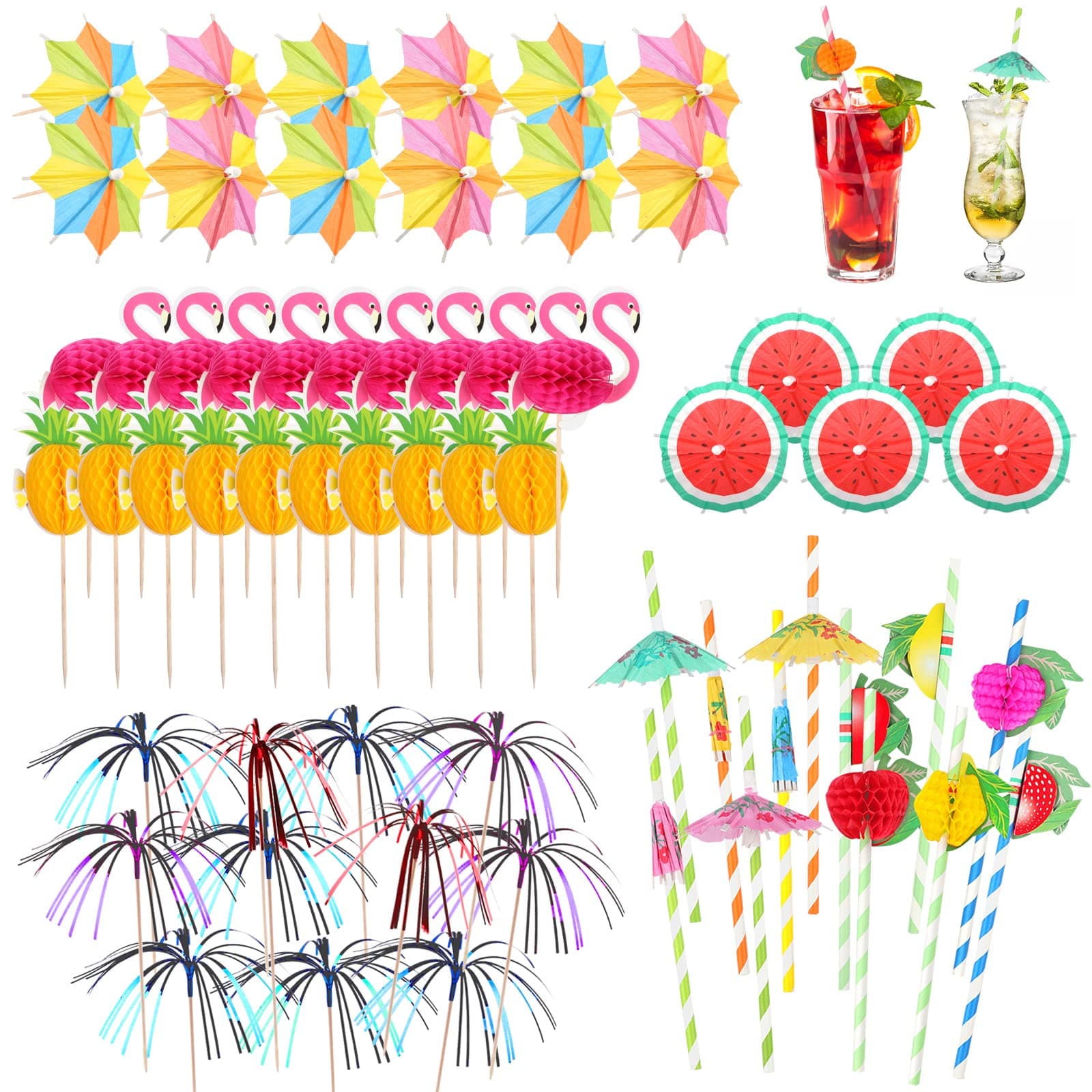 Cocktail Accessories for Drinks, 80pcs Cocktail Decorations Party Pack Including Drink Umbrellas, Stirring Stirrers, Straws, Sparkler Sticks for Summer Beach Party Food Drink Decoration
