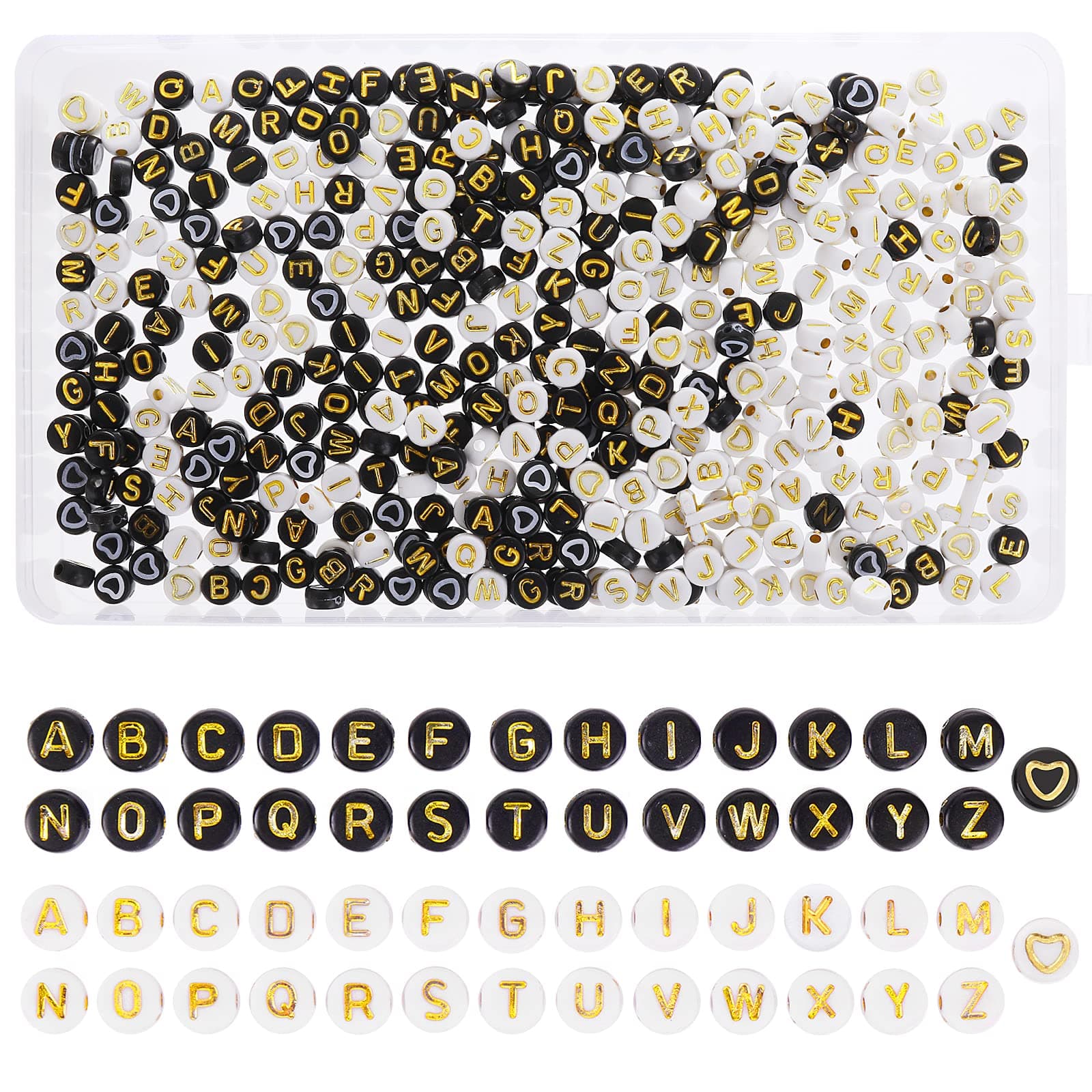1000 Pcs Letter Beads Set for Bracelets - A-Z Sorted Alphabet Beads 4x7mm for Jewelry Making With Box (Black/White)