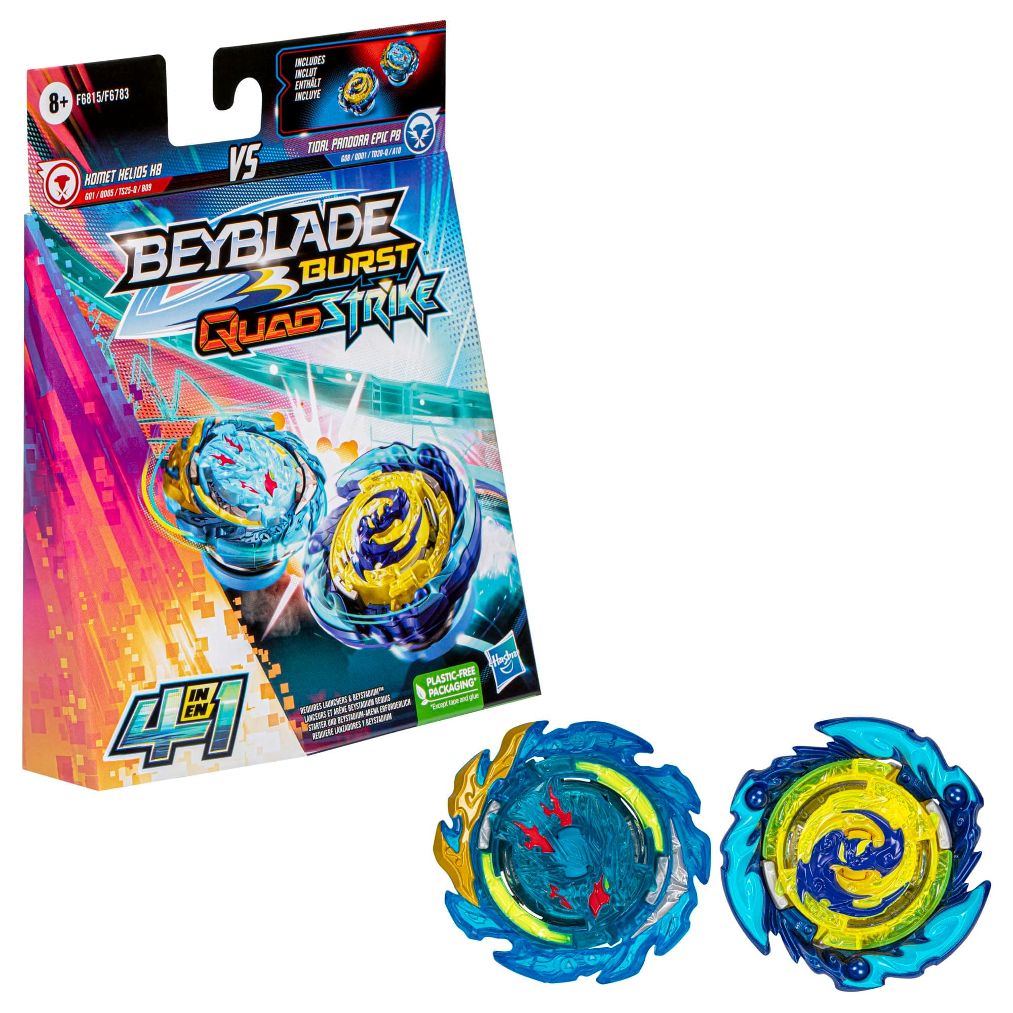 Beyblade Burst QuadStrike Dual Pack, 2-Pack Komet Helios H8 and Tidal Pandora Epic P8 Competition Spinners
