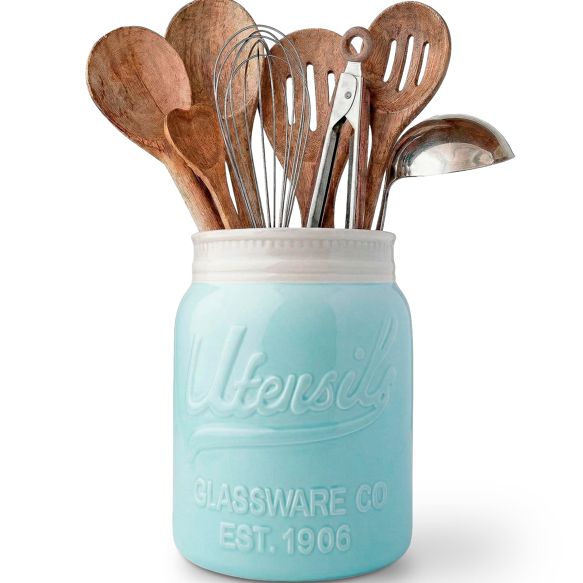 Comfify Wide Mouth Mason Jar Utensil Holder Decorative Kitchenware Organizer Crock, Chip Resistant Ceramic, Dishwasher Safe - Kitchen Caddy Aqua Blue, Large Size 7" High