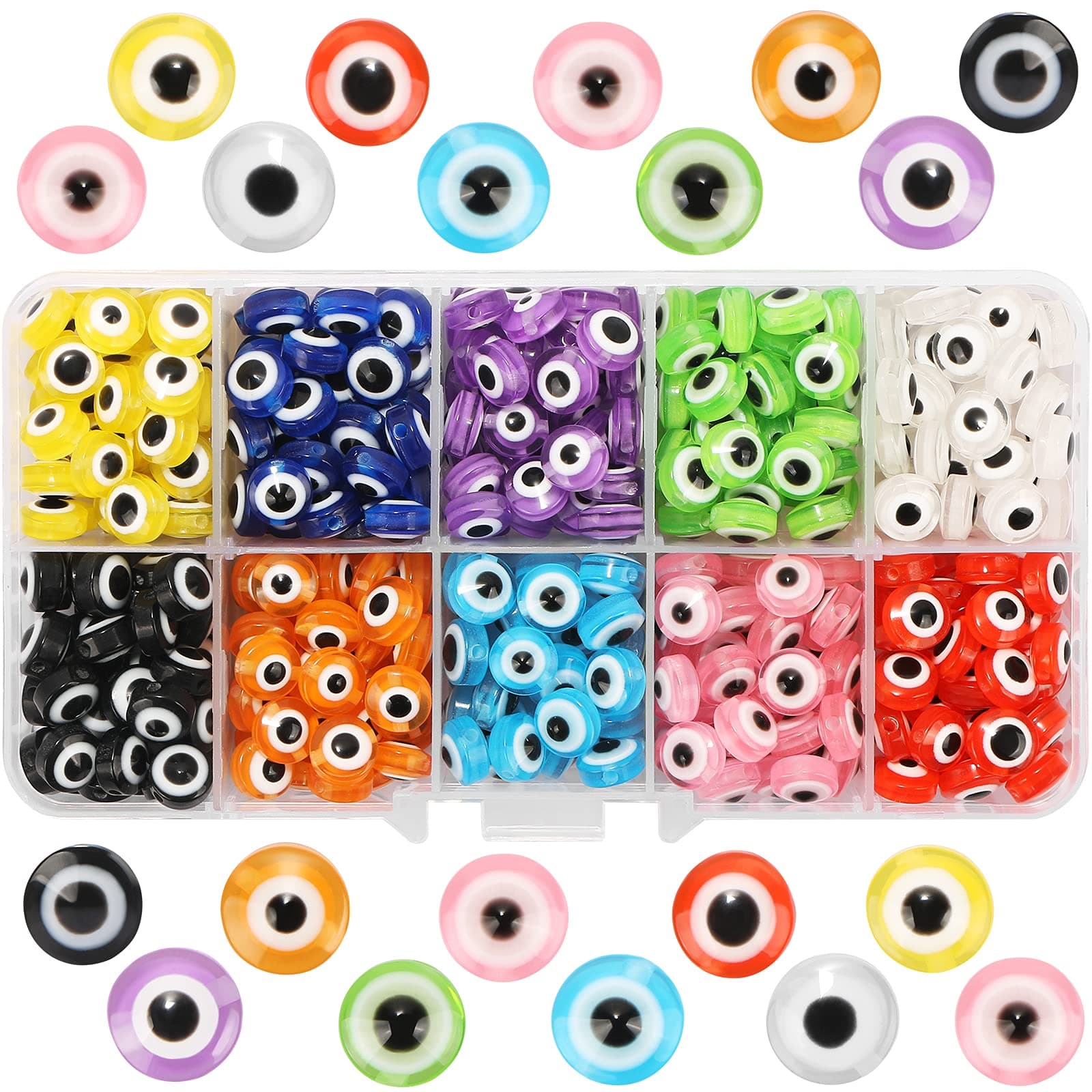 UHOMENY 400 Pieces Evil Eye Beads, 8mm 10 Style Evil Eye Beads for Jewelry Making Colorful Evil Eye Charms Bead for DIY Bracelets Necklace Jewelry Making