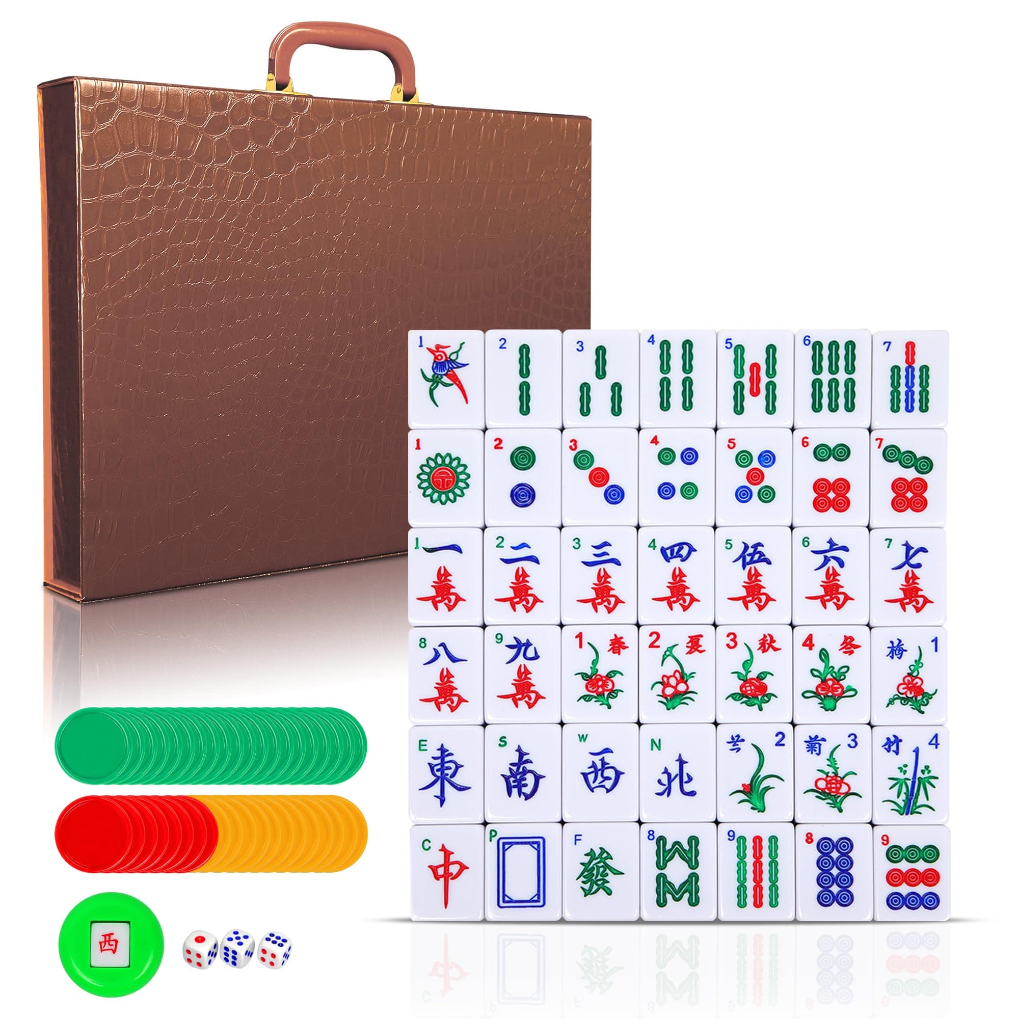 ORIENTOOLS Chinese Mahjong Game Set, 1.5" Large Tile with a Carrying Travel Case, 1.5" Large 144+2 Tiles, 3 Dice and a Wind Indicator, for Chinese Style Game Play