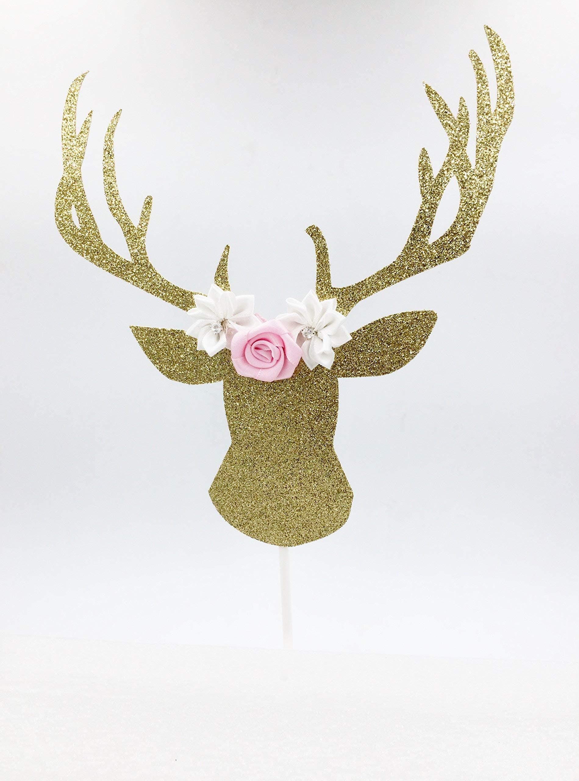 Gold & Pink Glitter Deer Head Boho Cake Topper