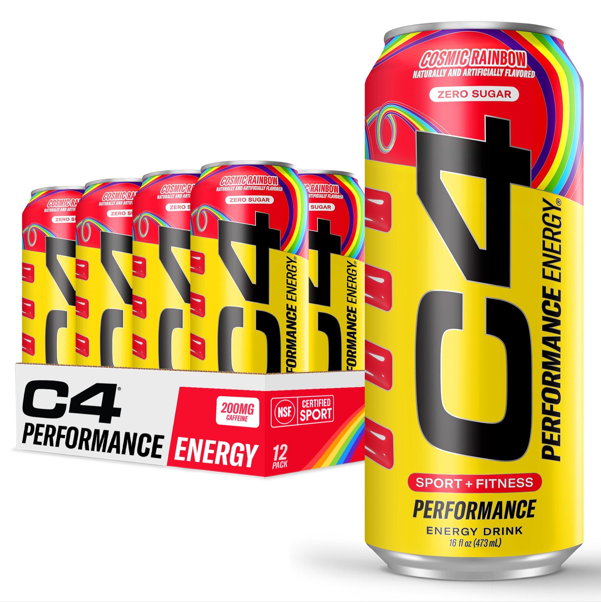 C4 Performance Energy Drink Cosmic Rainbow, Zero Sugar Carbonated Preworkout Energy, 200mg Caffeine with Beta Alanine, 16 Fl Oz (12 Pack), Packaging May Vary