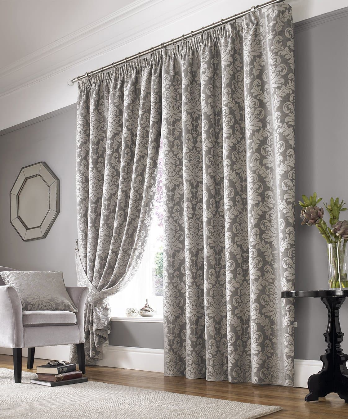 Ashley Wilde Lille Ivory Curtains, Fabric, Silver