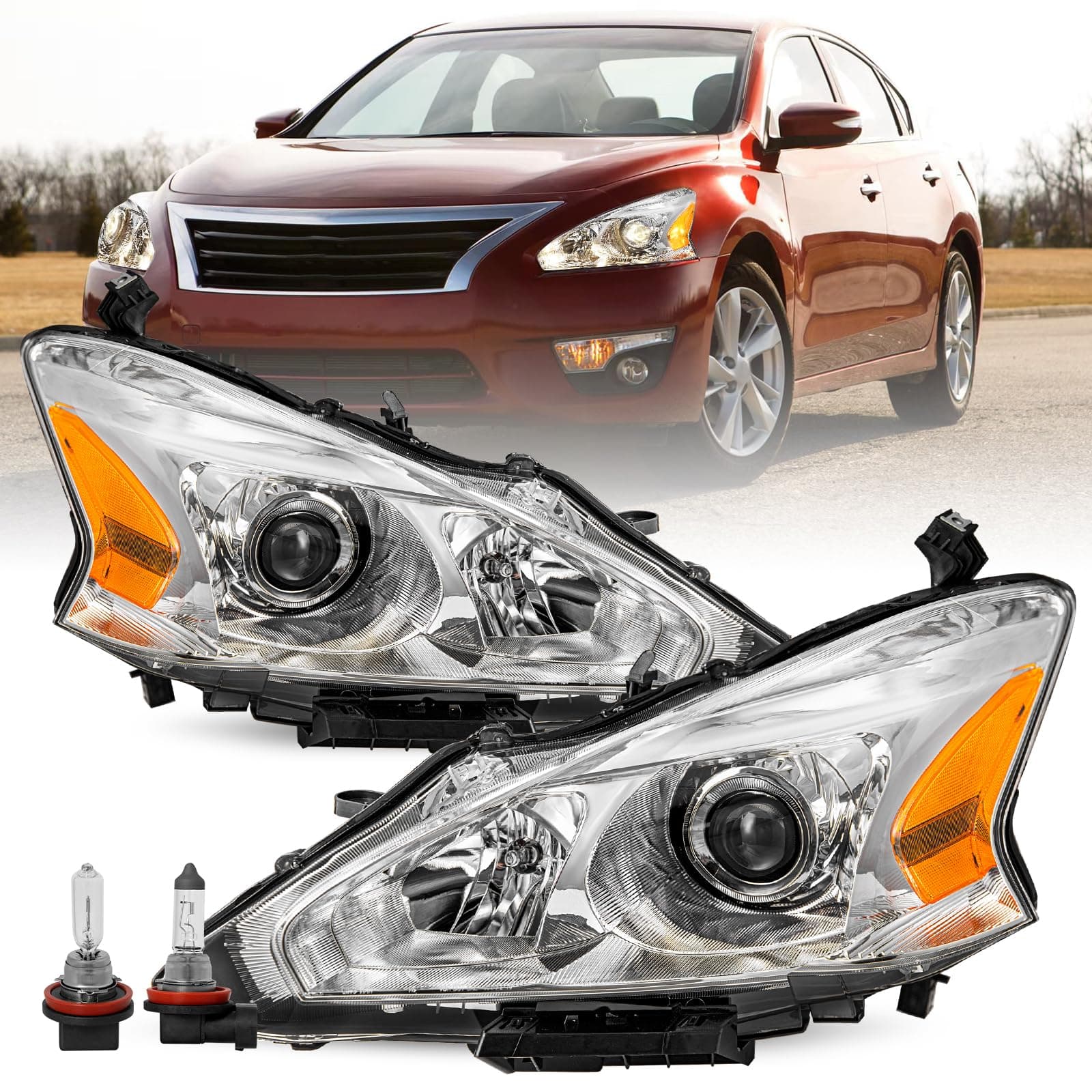 Headlight Assembly Compatible with 2013 2014 2015 Nissan Altima 4-Door Sedan Halogen Headlamps 13 14 15 Altima 4Dr Chrome Housing Amber Reflector Driver Passenger Side Bulbs Included