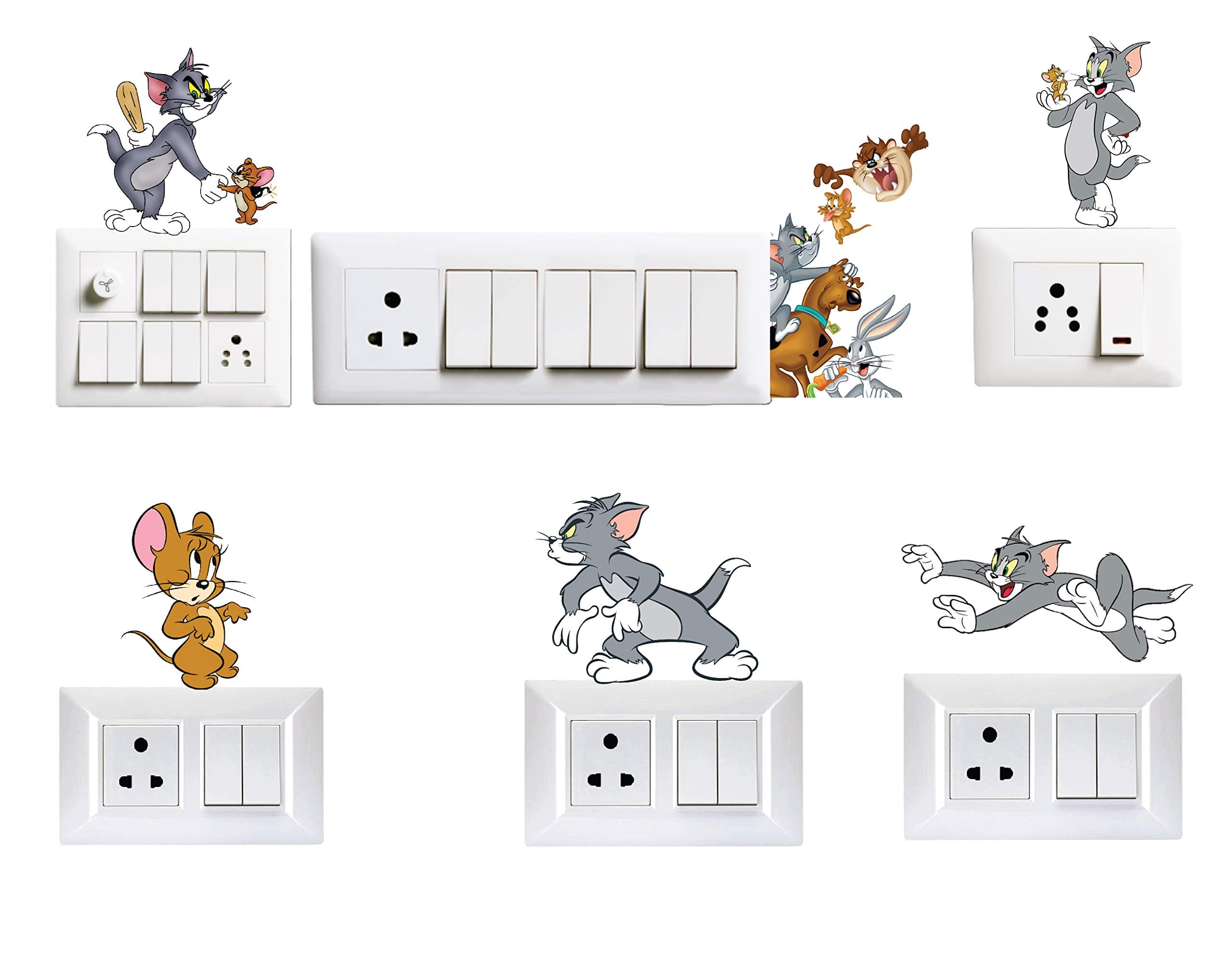 VVWV® Tom & Jerry Team Switch Board Printed Stickers for Home Living Kids Bed Room Wall Decoration Multicolor Vinyl Stylish 3D Combo Sticker (Standard Size)