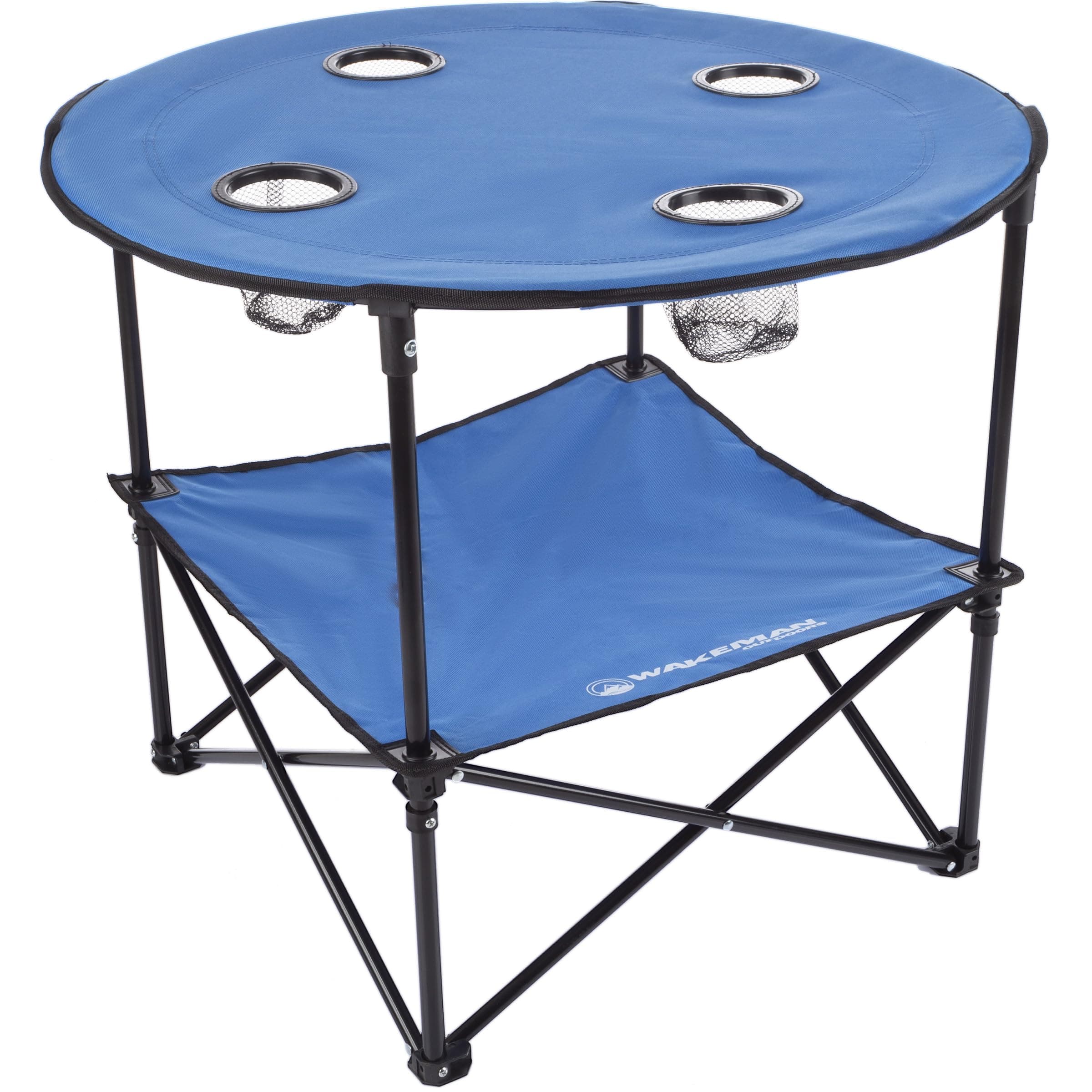 Wakeman Camp Table - Round 2-Tier Folding Table with 4 Cupholders and Carrying Bag - for Camping, Beach, Picnic, Sporting Events, and More Outdoors,Blue