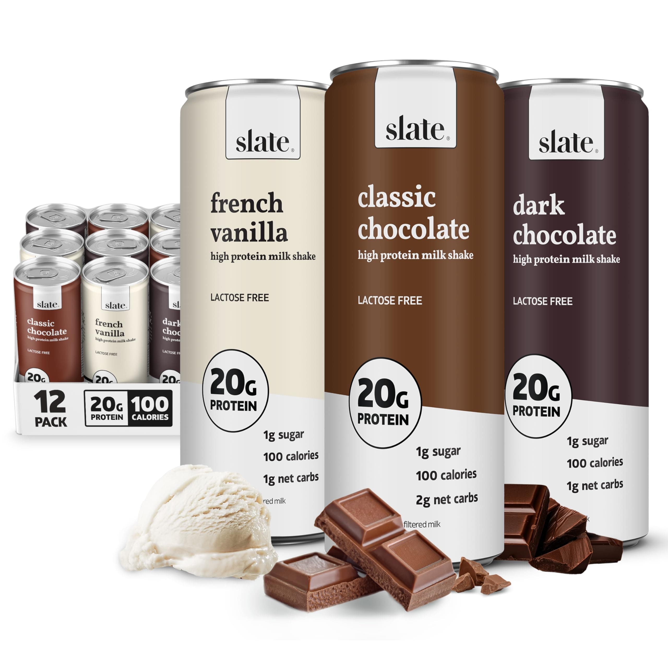 Slate Milk - High Protein Milk Shake - Core Variety Pack - Classic Chocolate, Dark Chocolate, French Vanilla - Lactose Free, 20g Protein, 1g Sugar, 100 Calories, 1-2g Net Carbs - 11 fl oz, 12 Cans